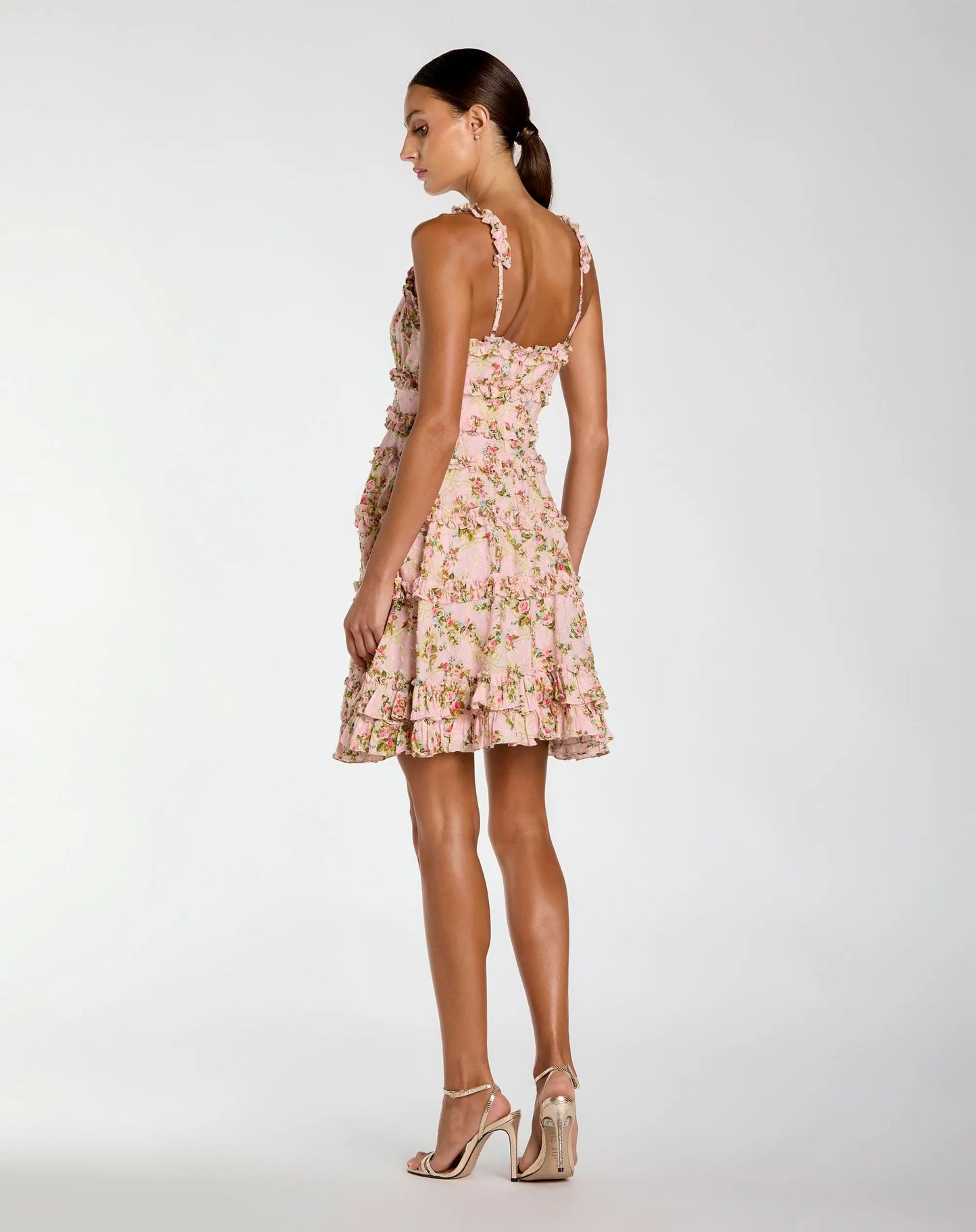 Pink Floral Square Neck Ruffled Cotton Mini Dress - Mac Duggal