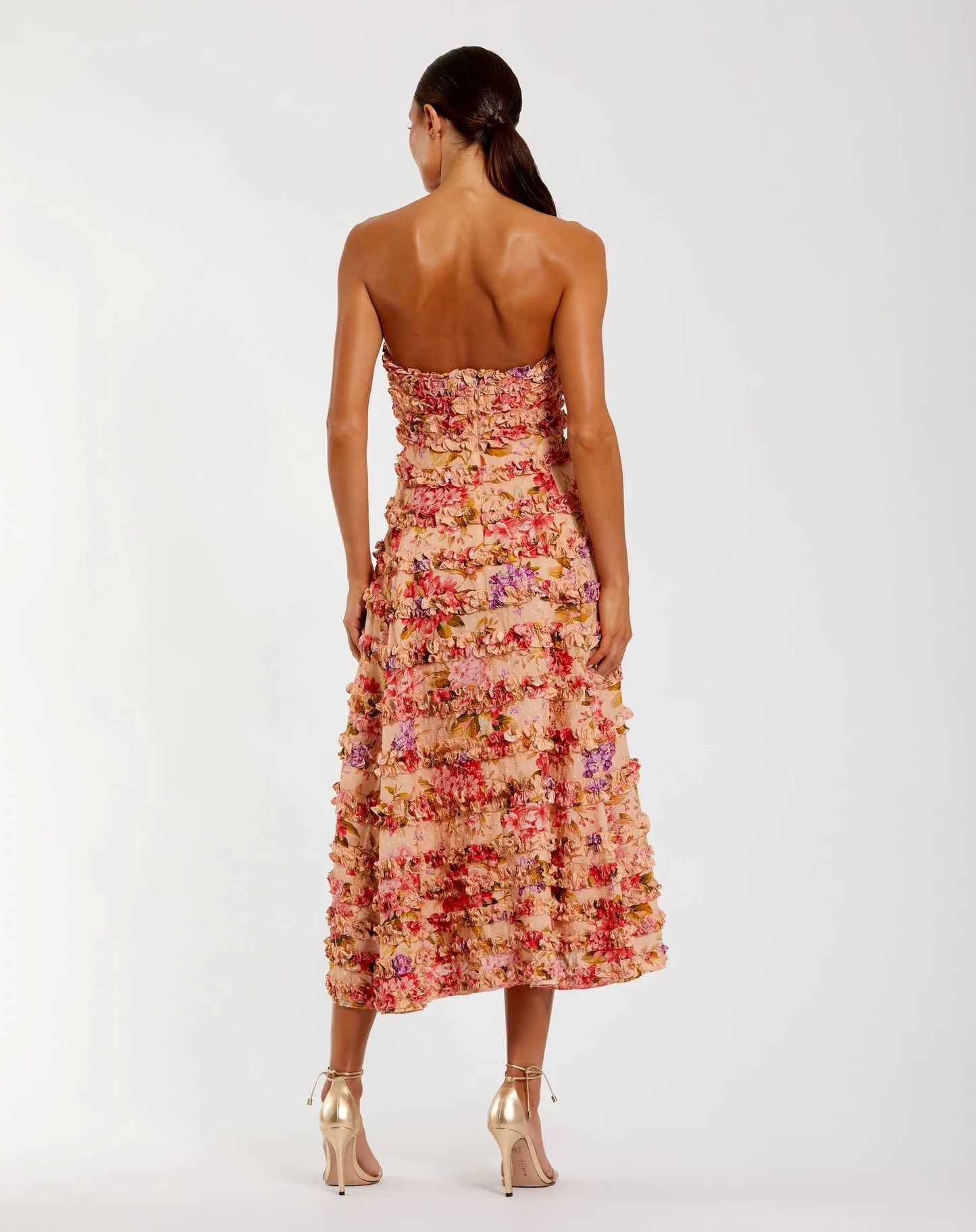 Pink Floral Strapless Ruffle Midi Dress Mac Duggal