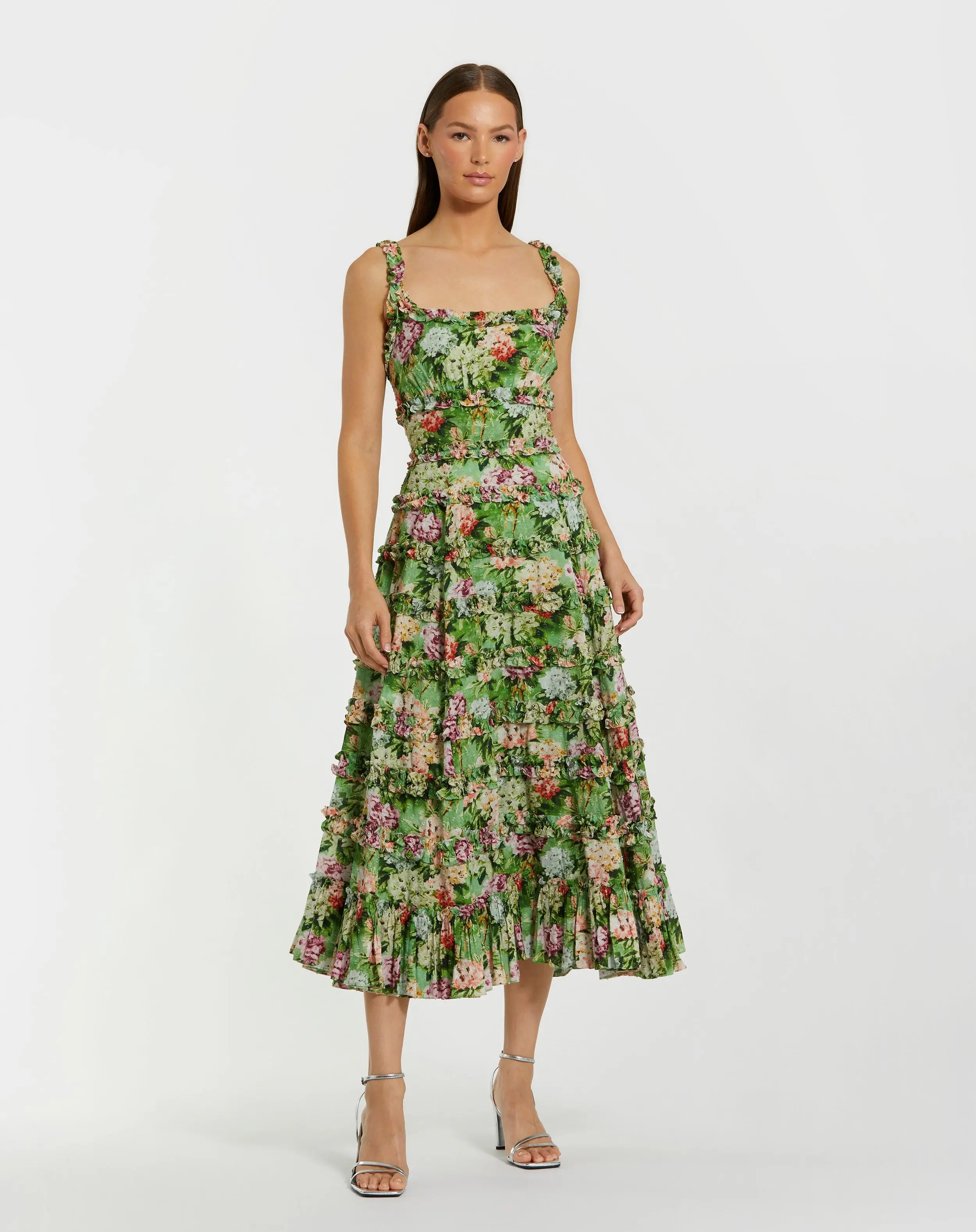 Green Ruffle Floral Square Neck Midi Dress | Mac Duggal