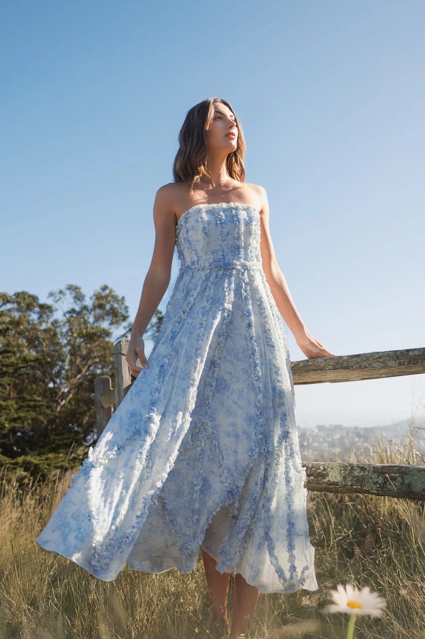 Blue and White Strapless Ruffle Floral Cotton Midi Dress - Mac Duggal