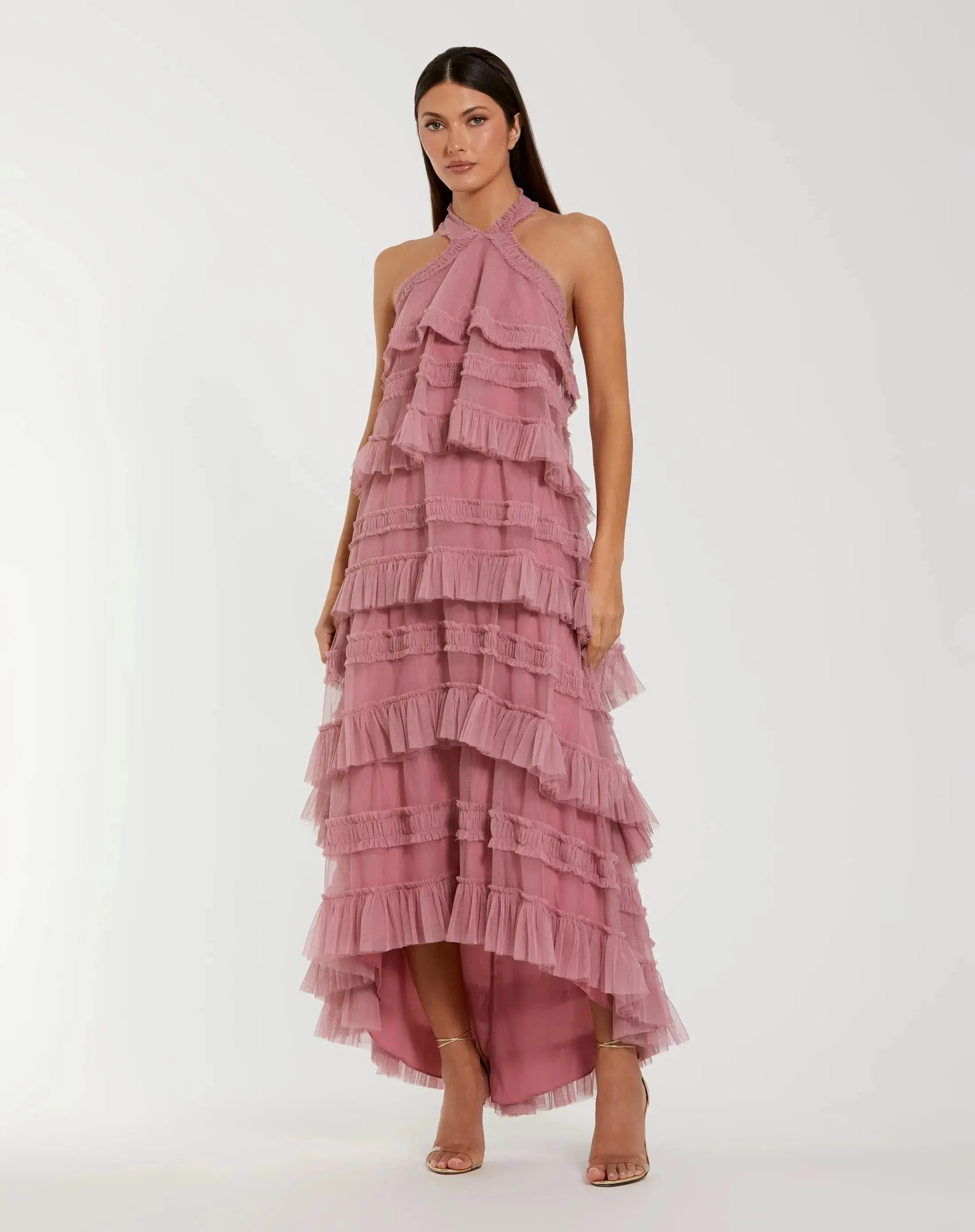 Pink Tiered Ruffle Halter Neck Midi Dress | Mac Duggal Pink Tiered Ruffle Halter Neck Midi Dress | Mac Duggal