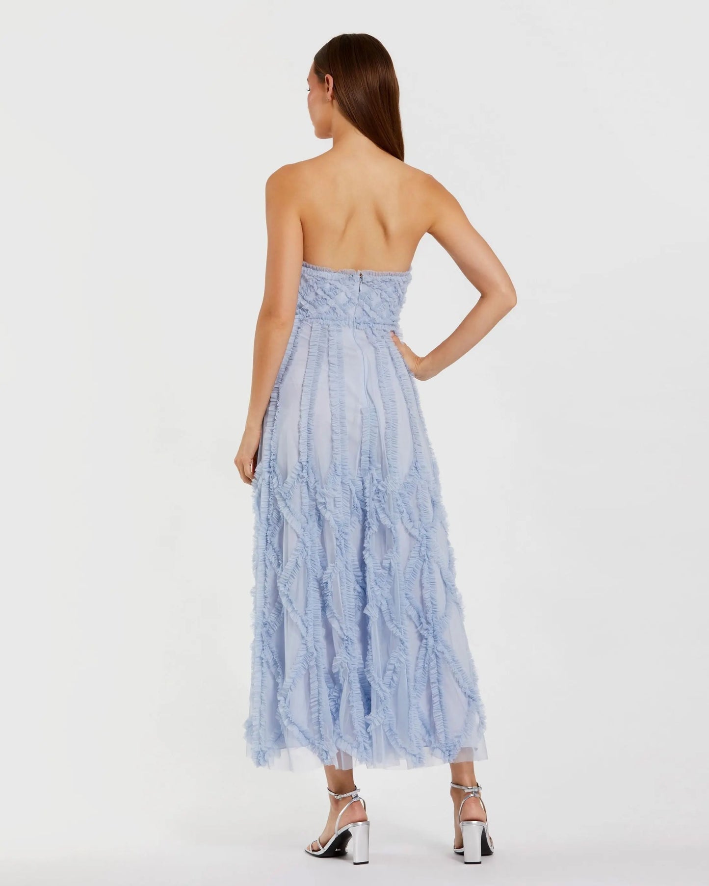 Blue Mesh Ruffle Strapless A-Line Midi Dress - Mac Duggal
