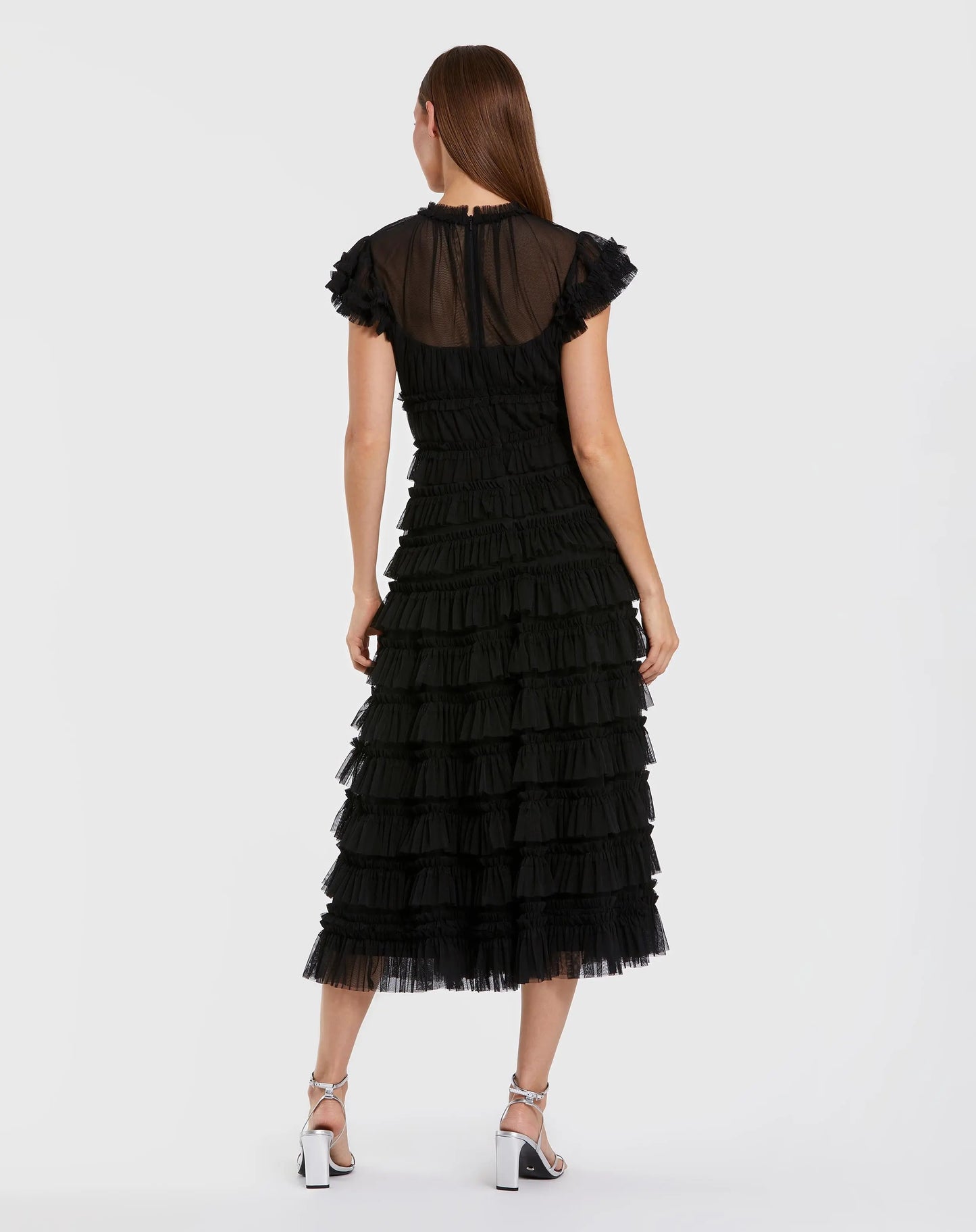 Black Ruffle High Neck Cap Sleeve Midi Dress - Mac Duggal