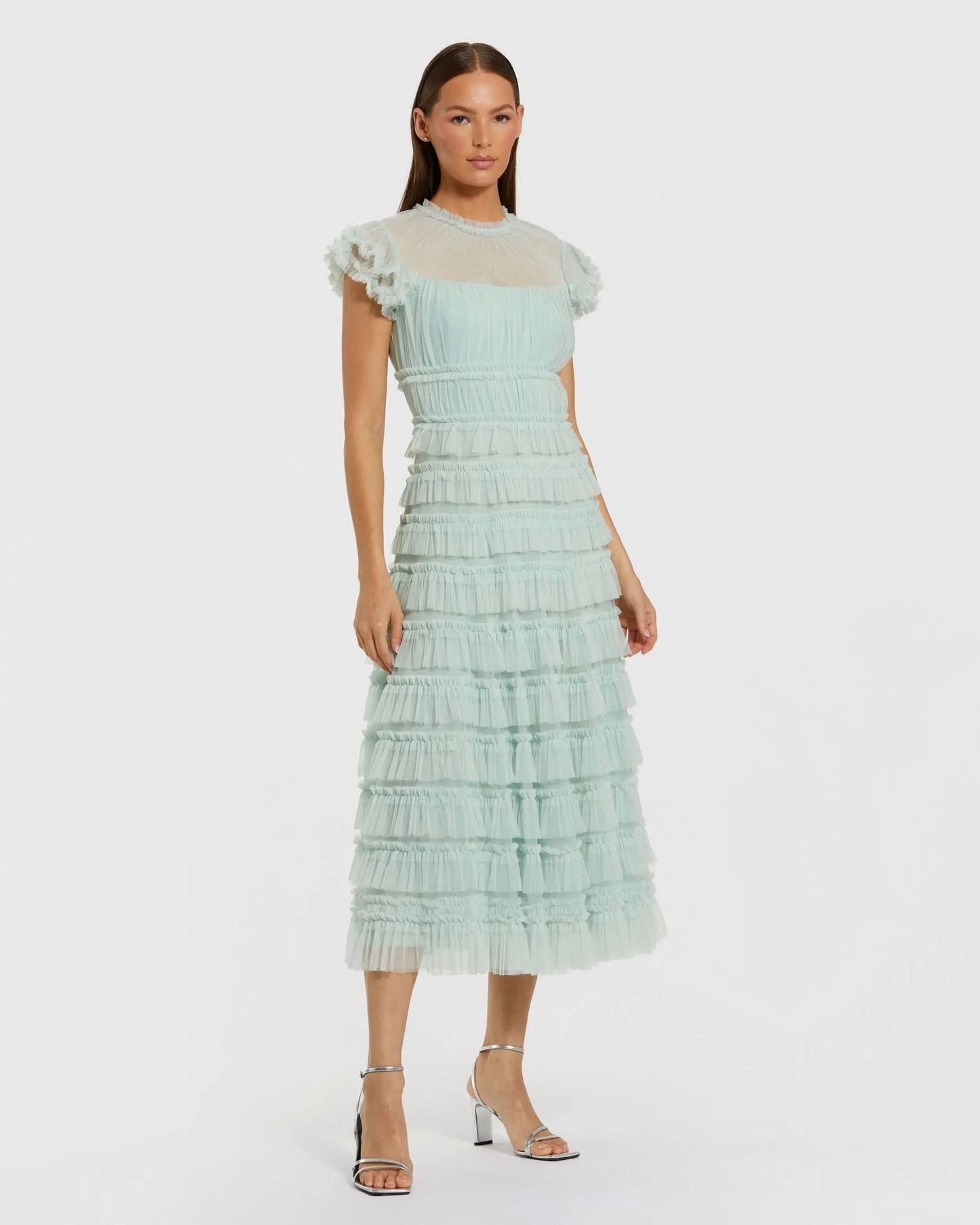 Green Ruffle High Neck Cap Sleeve Midi Dress Mac Duggal