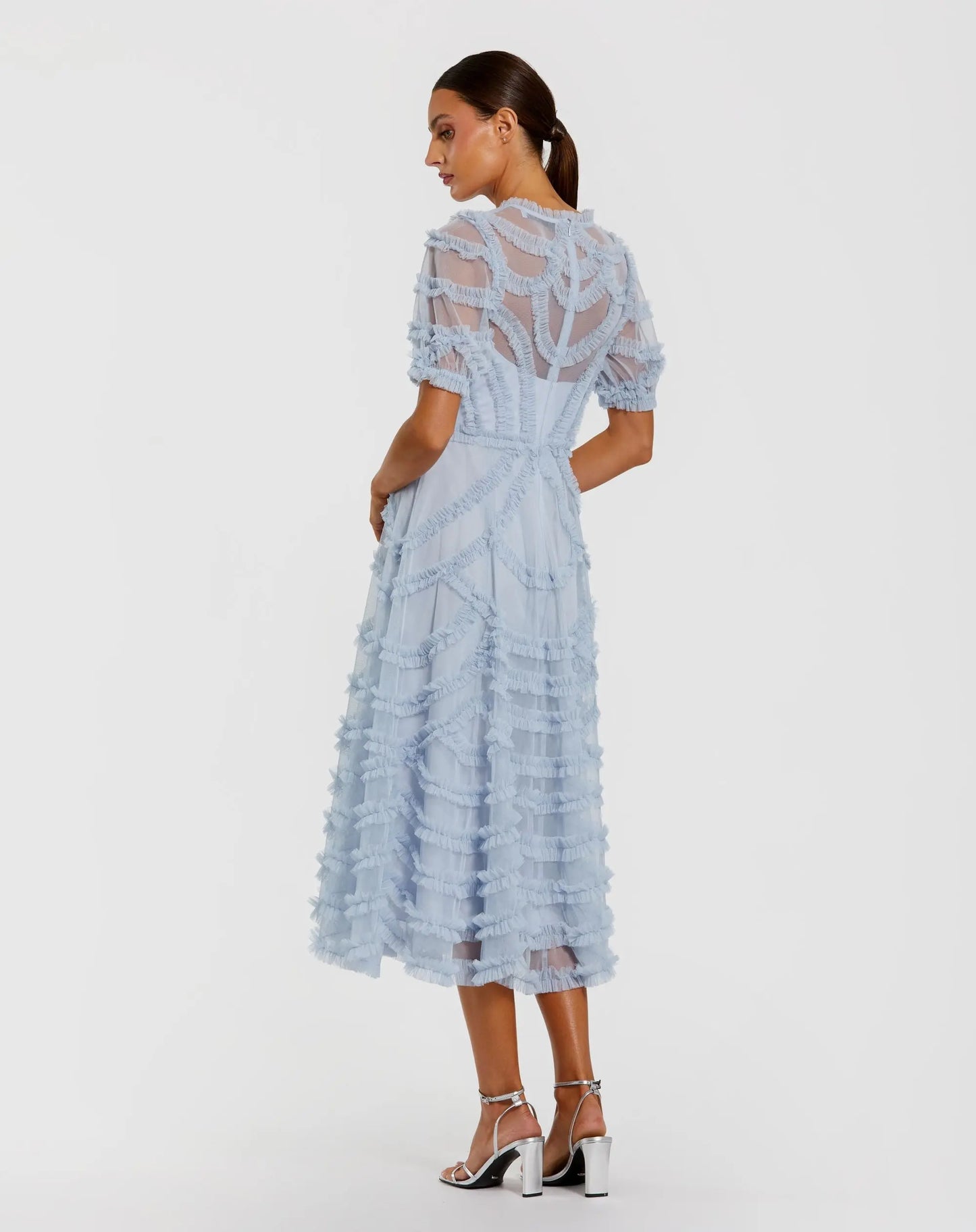 Blue High Neck Short Sleeve Ruffled Midi Dress - Mac Duggal