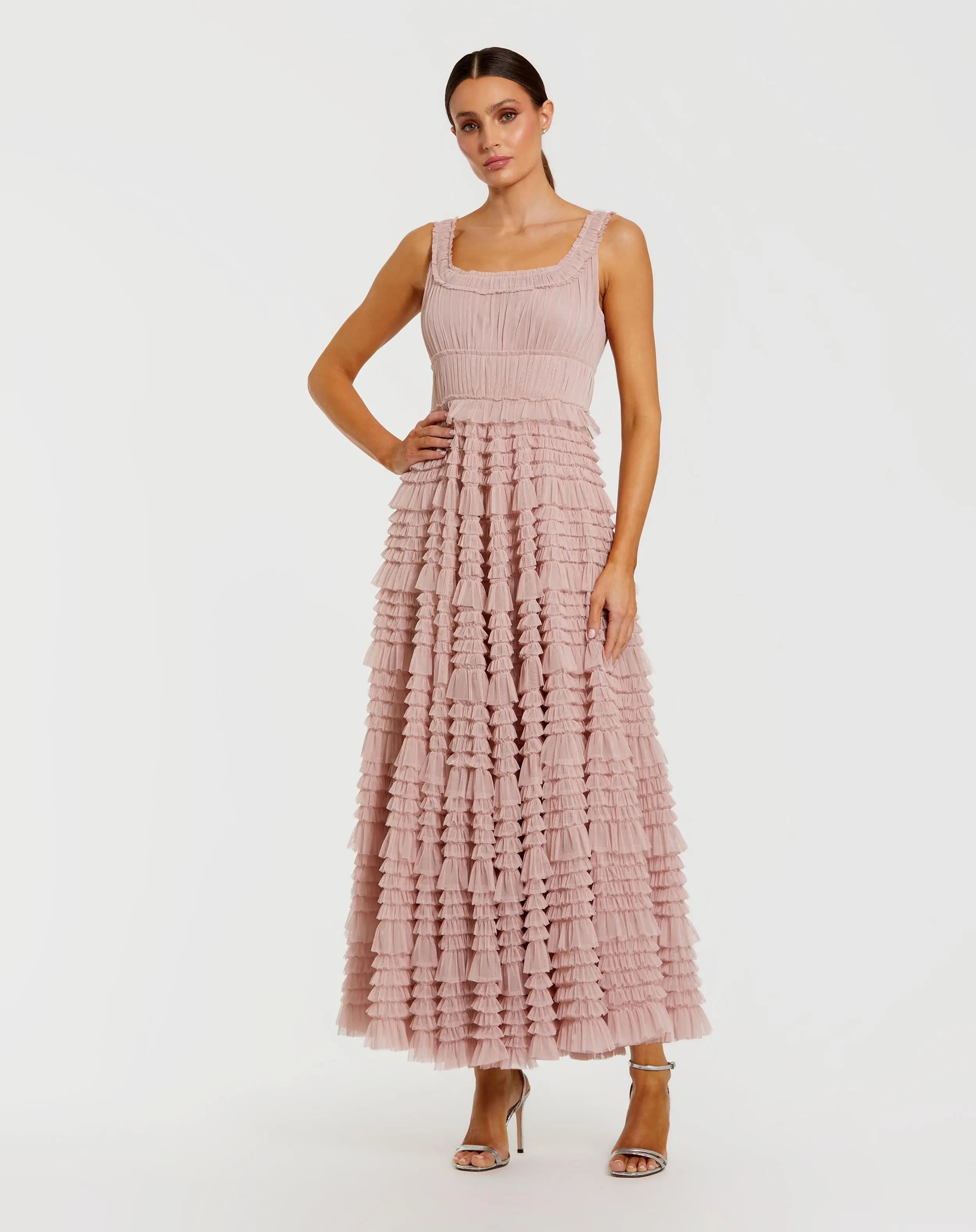 mac duggal sleeveless ruffle mini dress Micro Ruffle Sleeveless Scoop Neck Maxi Dress