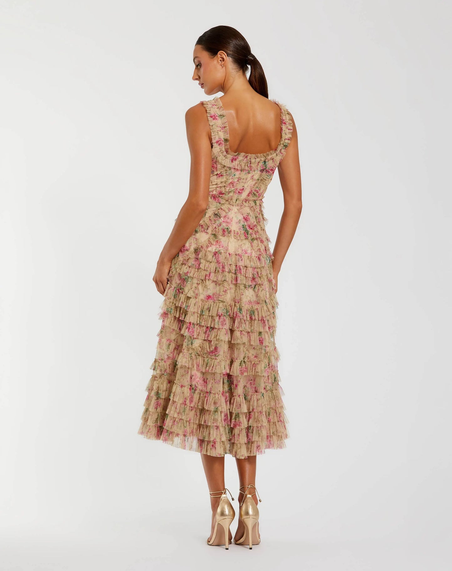 Beige Floral Printed Sleeveless Ruffled Midi Dress - Mac Duggal