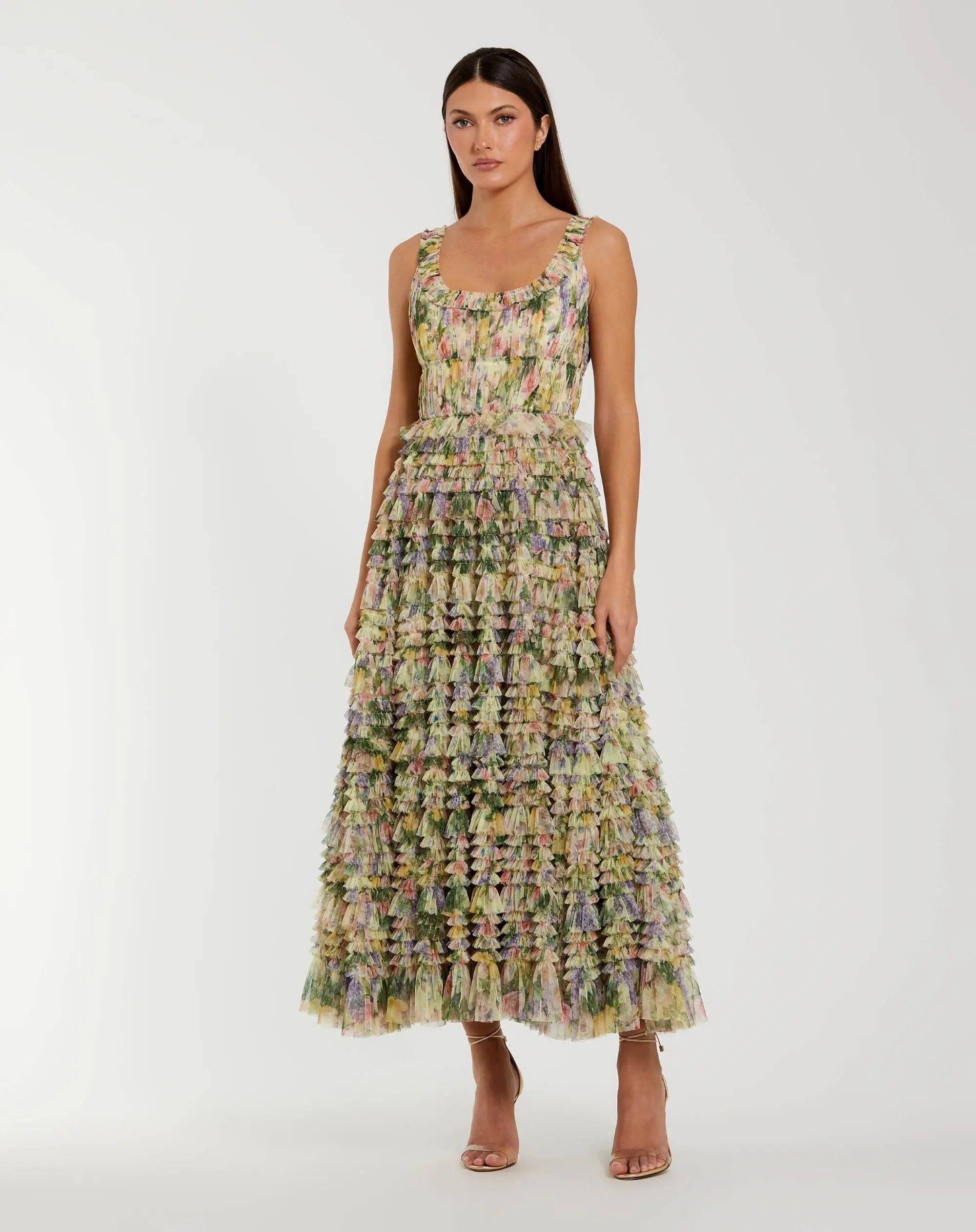 mac duggal yellow dress Yellow Multicolor Floral Printed Ruffle Midi Dress