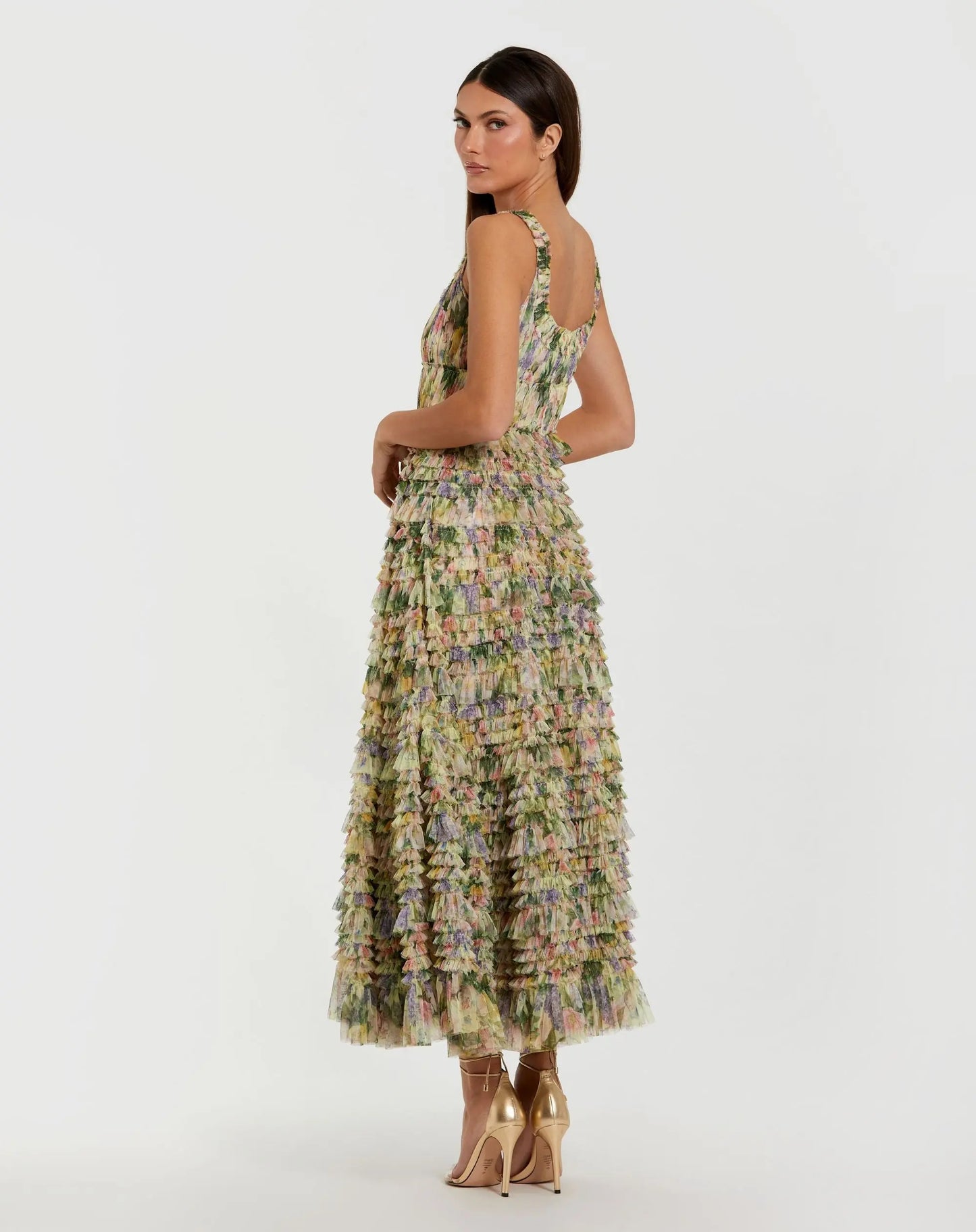 Yellow Multicolor Floral Printed Ruffle Midi Dress - Mac Duggal