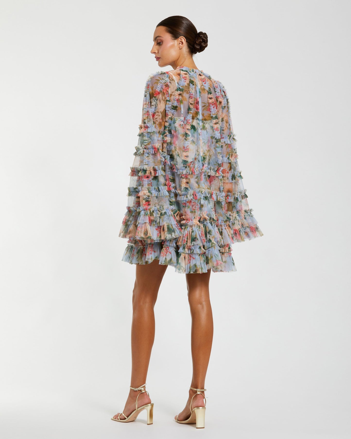 Blue Printed Mesh Ruffle High Neck Mini Dress