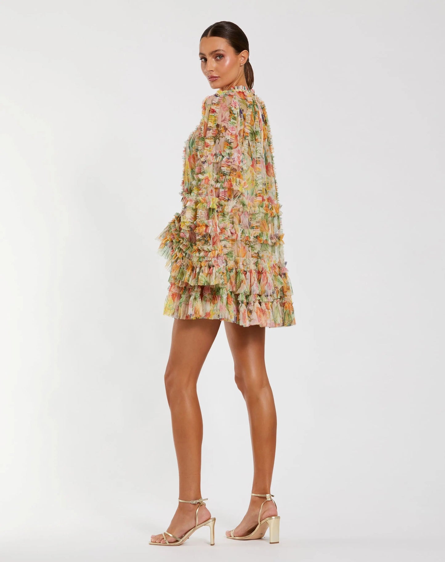 Multicolor Printed Mesh Ruffle High Neck Mini Dress Mac Duggal