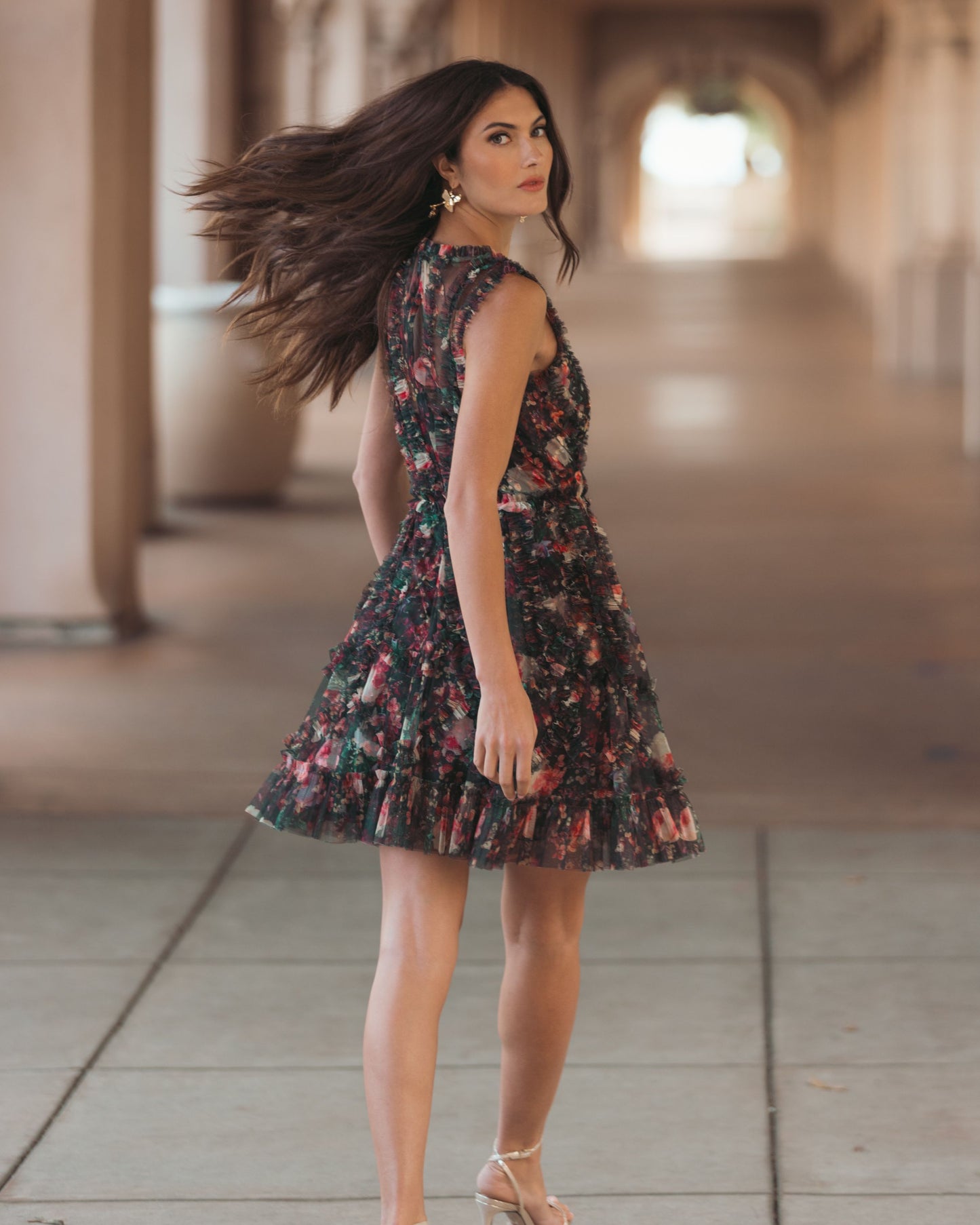 Black Multicolor Micro Ruffle Floral A-Line Mini Dress