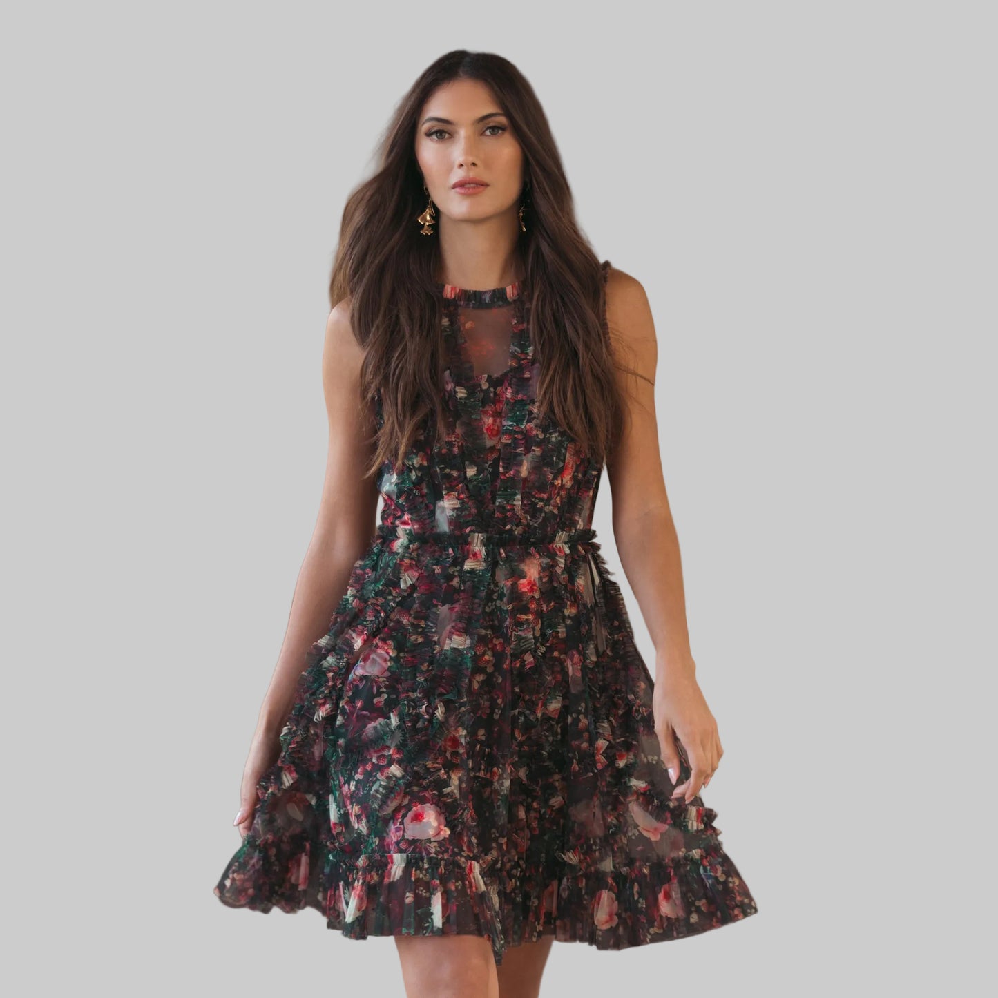 Black Multicolor Micro Ruffle Floral A-Line Mini Dress