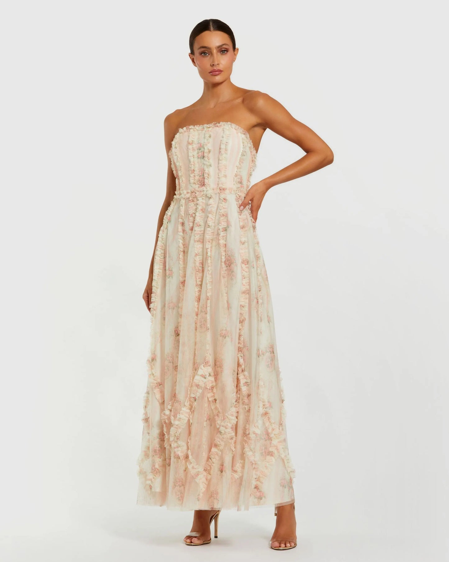 Pink and White Micro Ruffle Mesh Strapless Dress - Mac Duggal