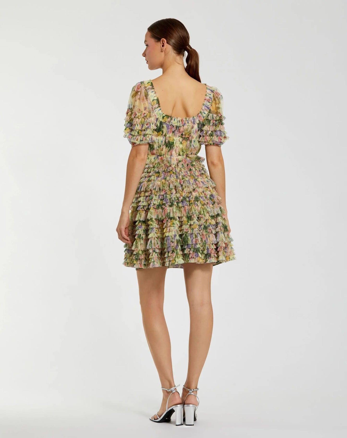 Multicolor Floral Puff Sleeve Ruffle Mini Dress - Mac Duggal