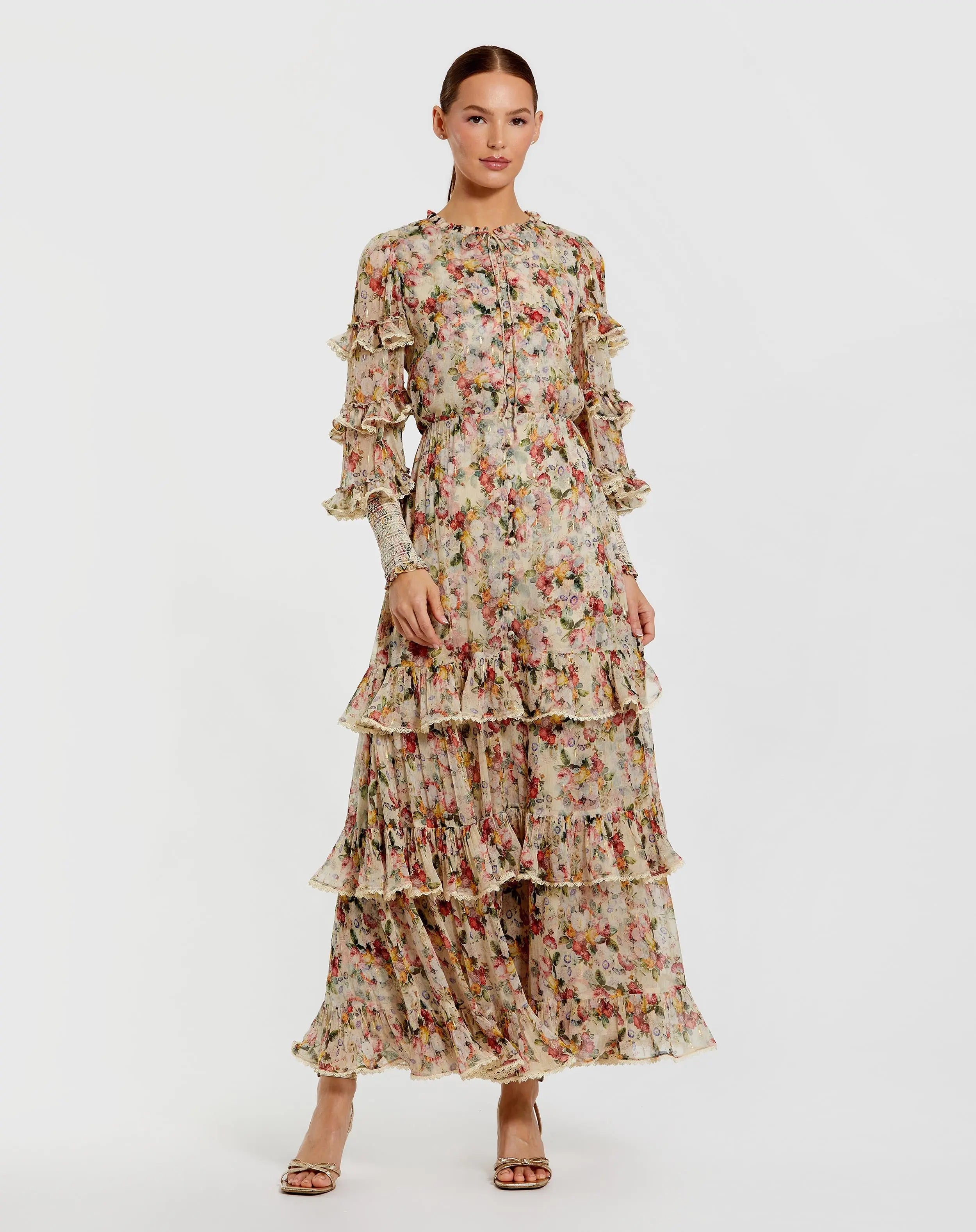 Beige Floral Tiered Ruffle Midi Dress with Long Sleeves | Mac Duggal Beige Floral Tiered Ruffle Midi Dress with Long Sleeves | Mac Duggal