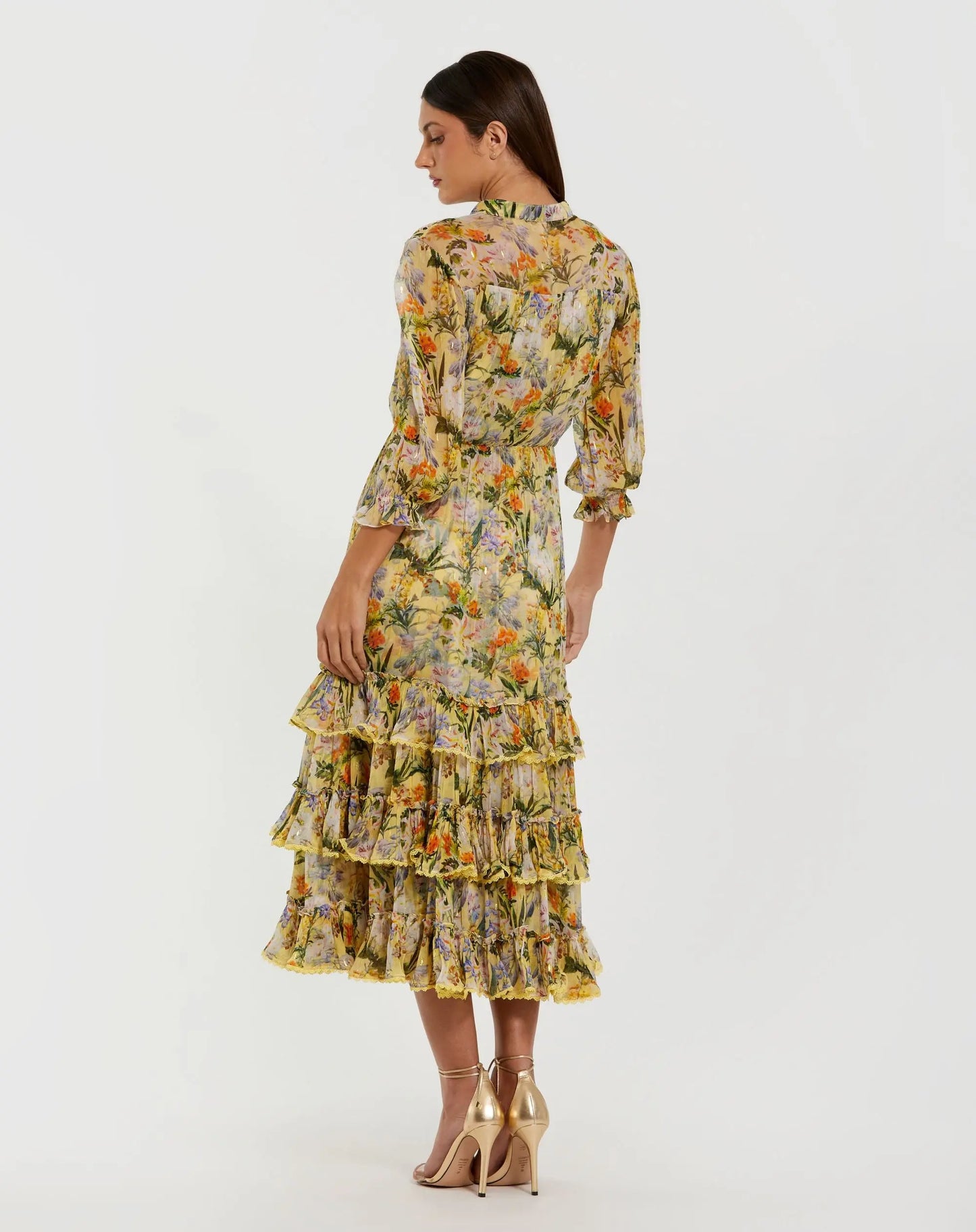 Yellow Floral V Neck Ruffle Midi Dress With 3/4 Sleeves - Mac Duggal