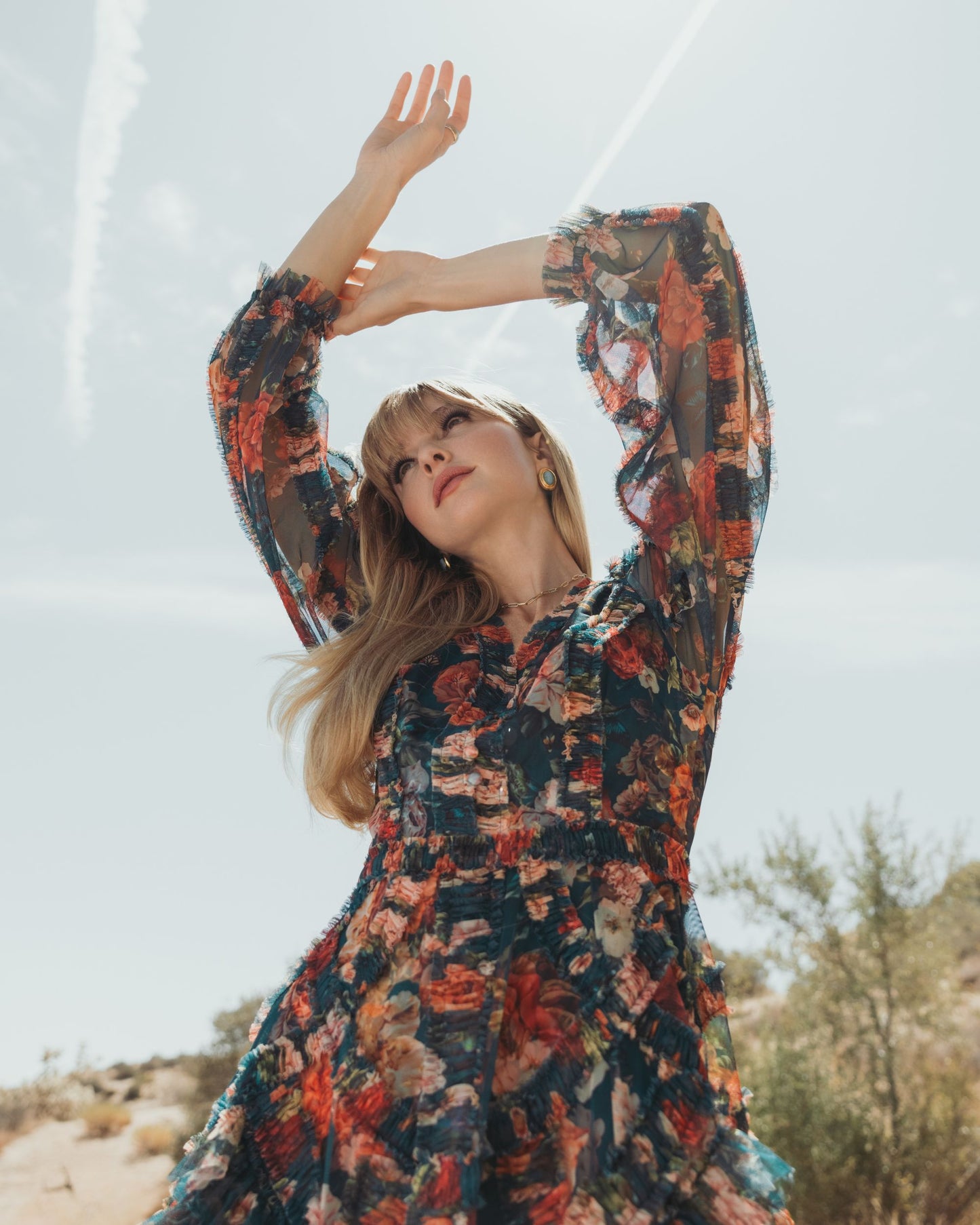 Teal Long Sleeve A Line Midi Dress With Ruffles - Mac Duggal