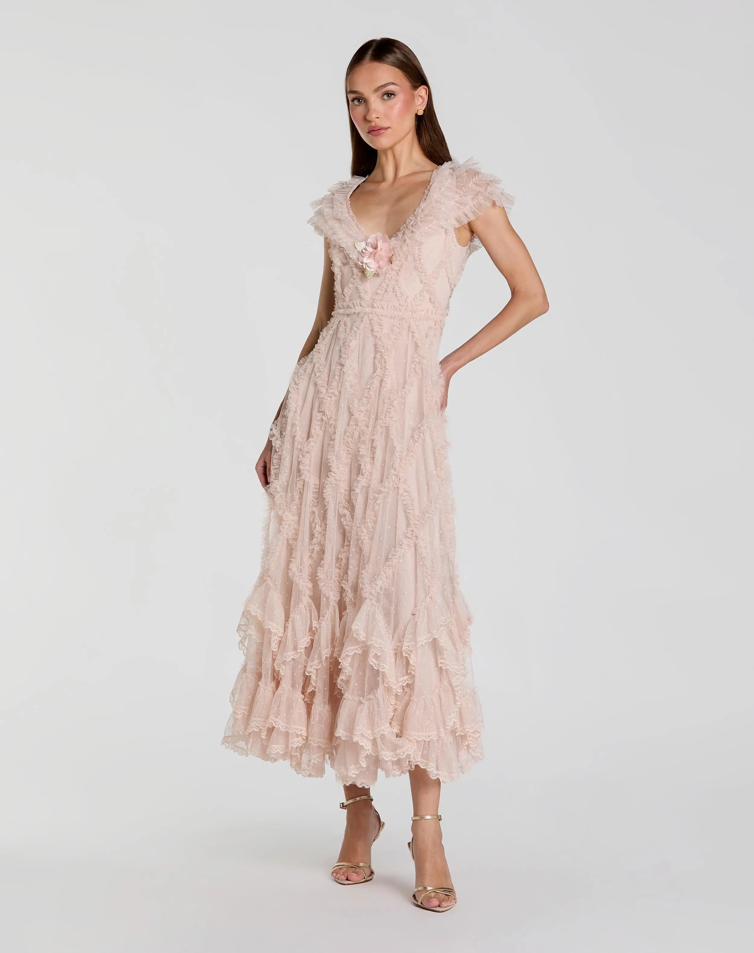Mac Duggal Women's Micro Ruffle Cap Sleeve A-Line Midi Dress