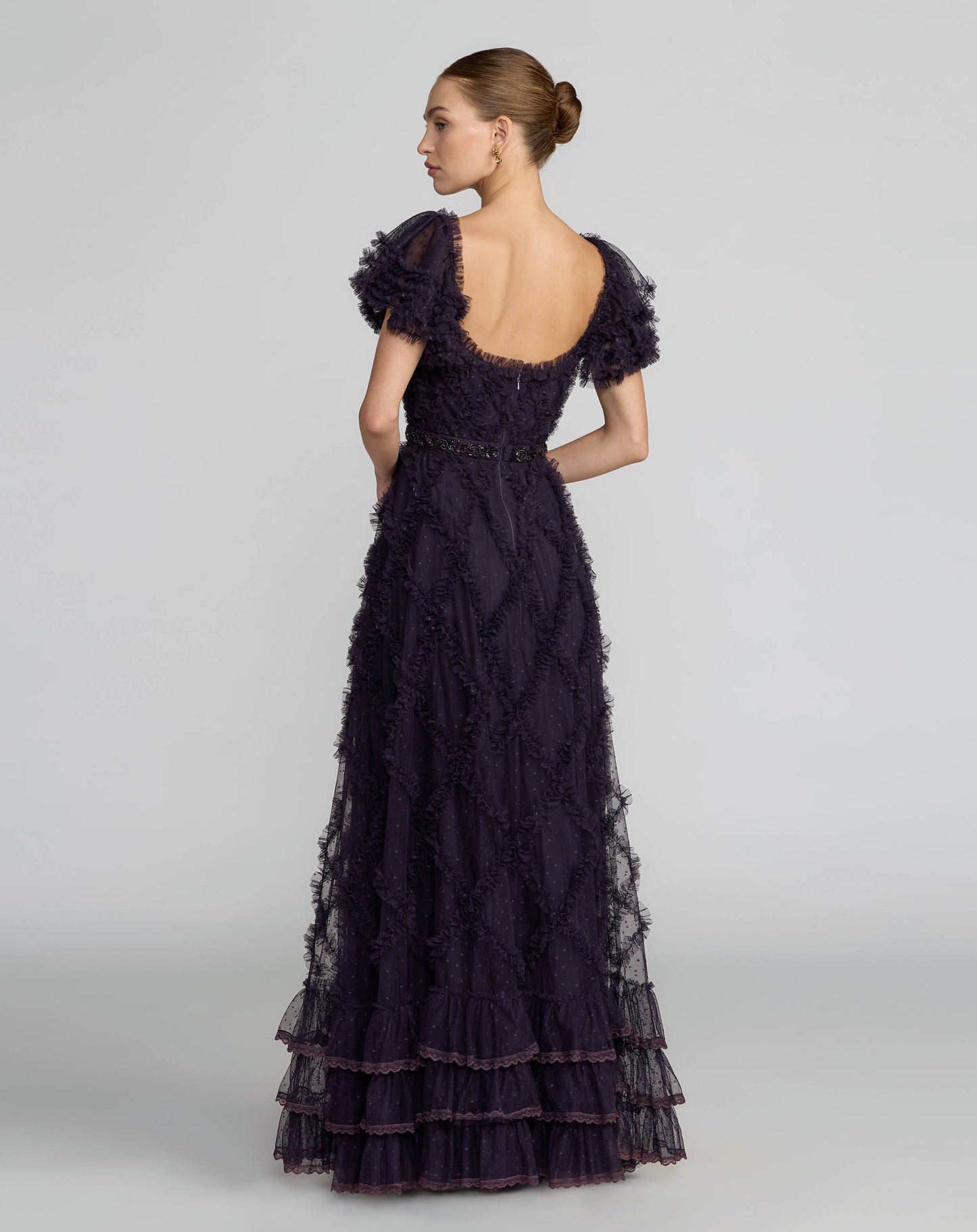 Dark Purple Tiered Ruffle Puff Sleeve Gown - Mac Duggal