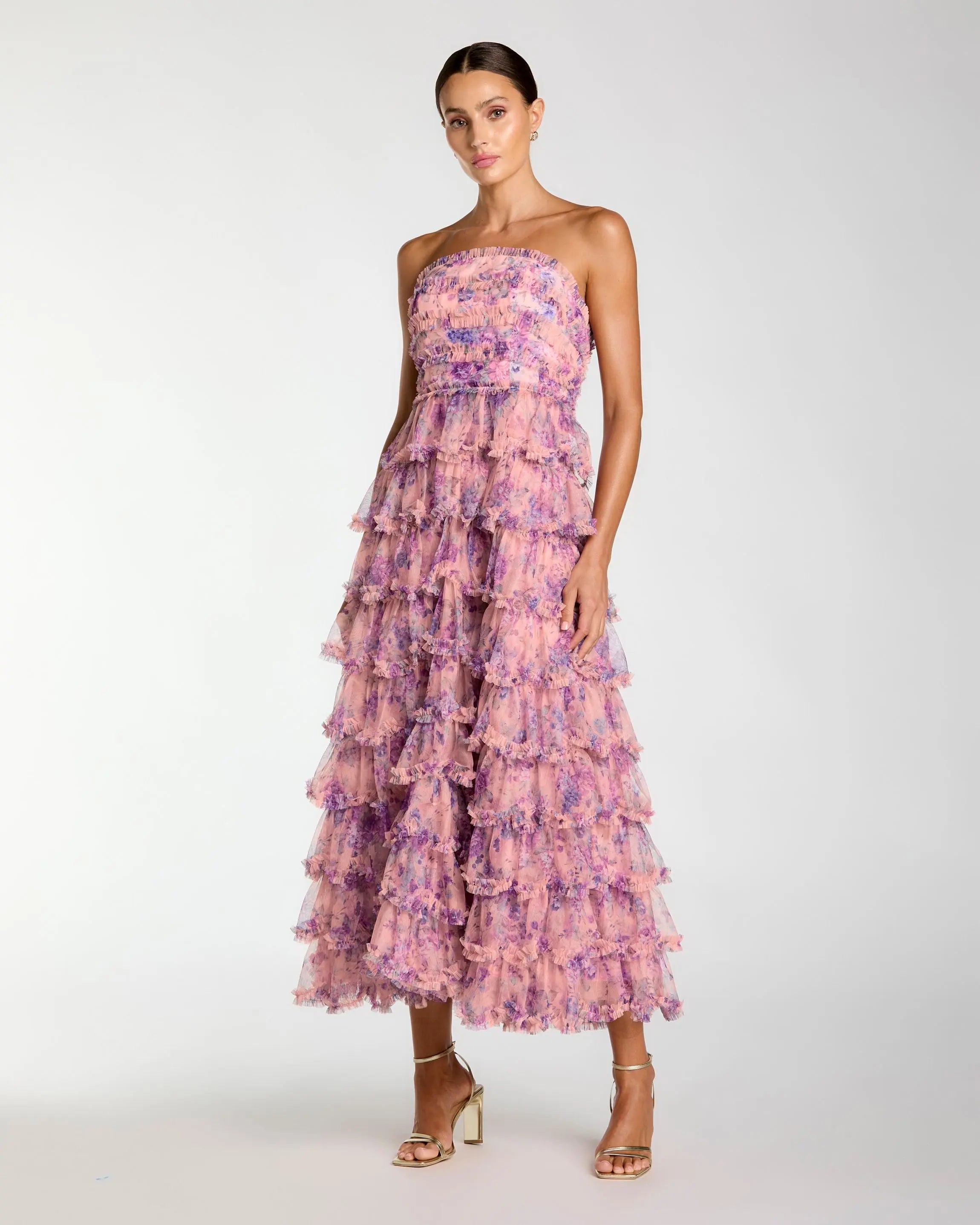 Mac Duggal Printed Mesh Strapless Ruffle A Line Midi Dress, Womens, 2, Orchid Multi Mac Duggal Printed Mesh Strapless Ruffle A Line Midi Dress, Womens, 2, Orchid Multi