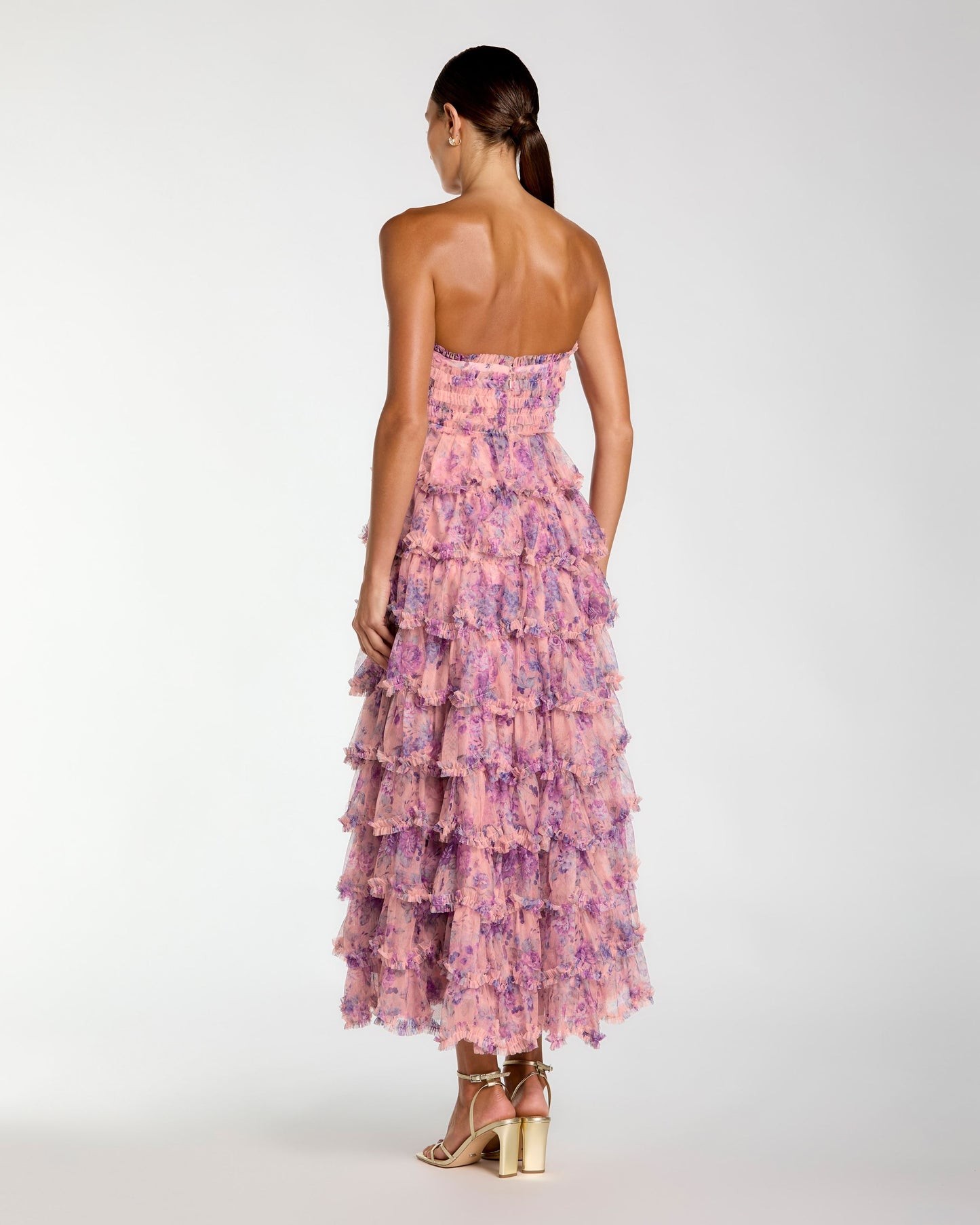 Pink Floral Ruffle Tiered Strapless Midi Dress Mac Duggal