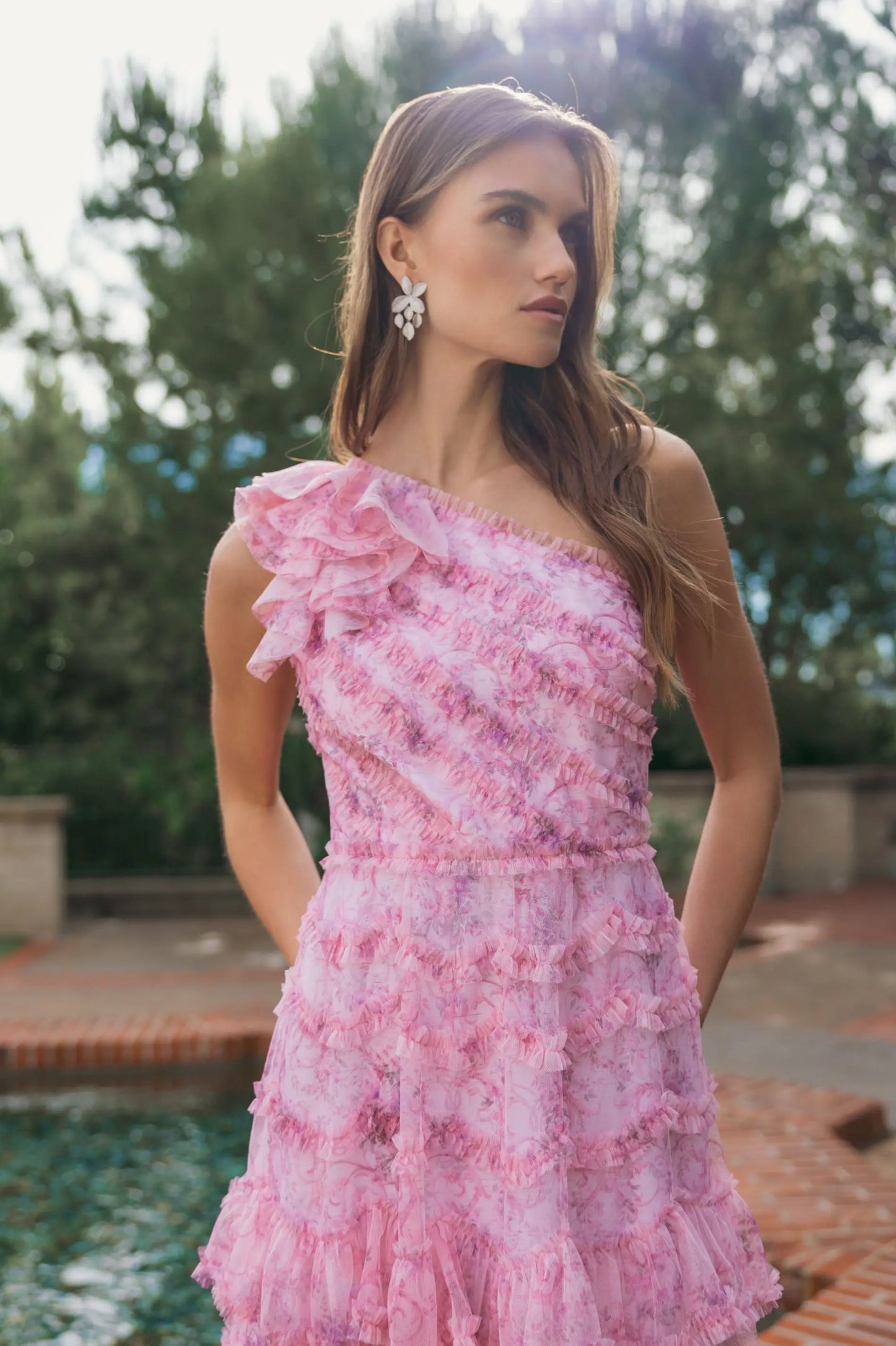 Pink Printed One Shoulder Ruffled A Line Midi Dress - Mac Duggal