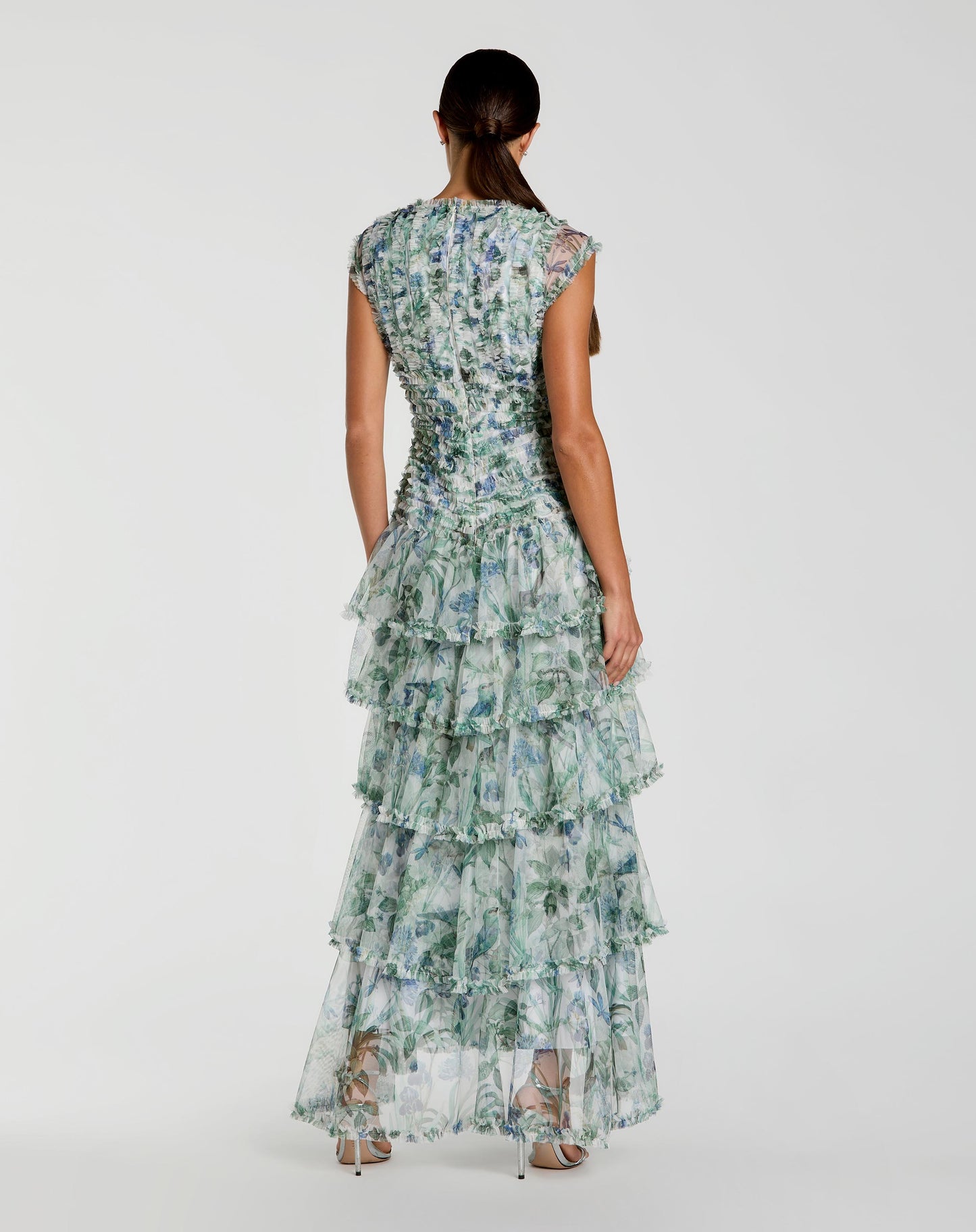 Blue Floral V Neck Tiered Ruffle Maxi Dress Mac Duggal