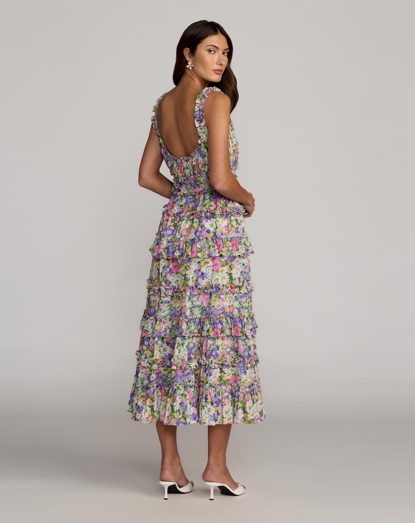 Multicolor Floral Ruffle A-Line Cotton Midi Dress Mac Duggal