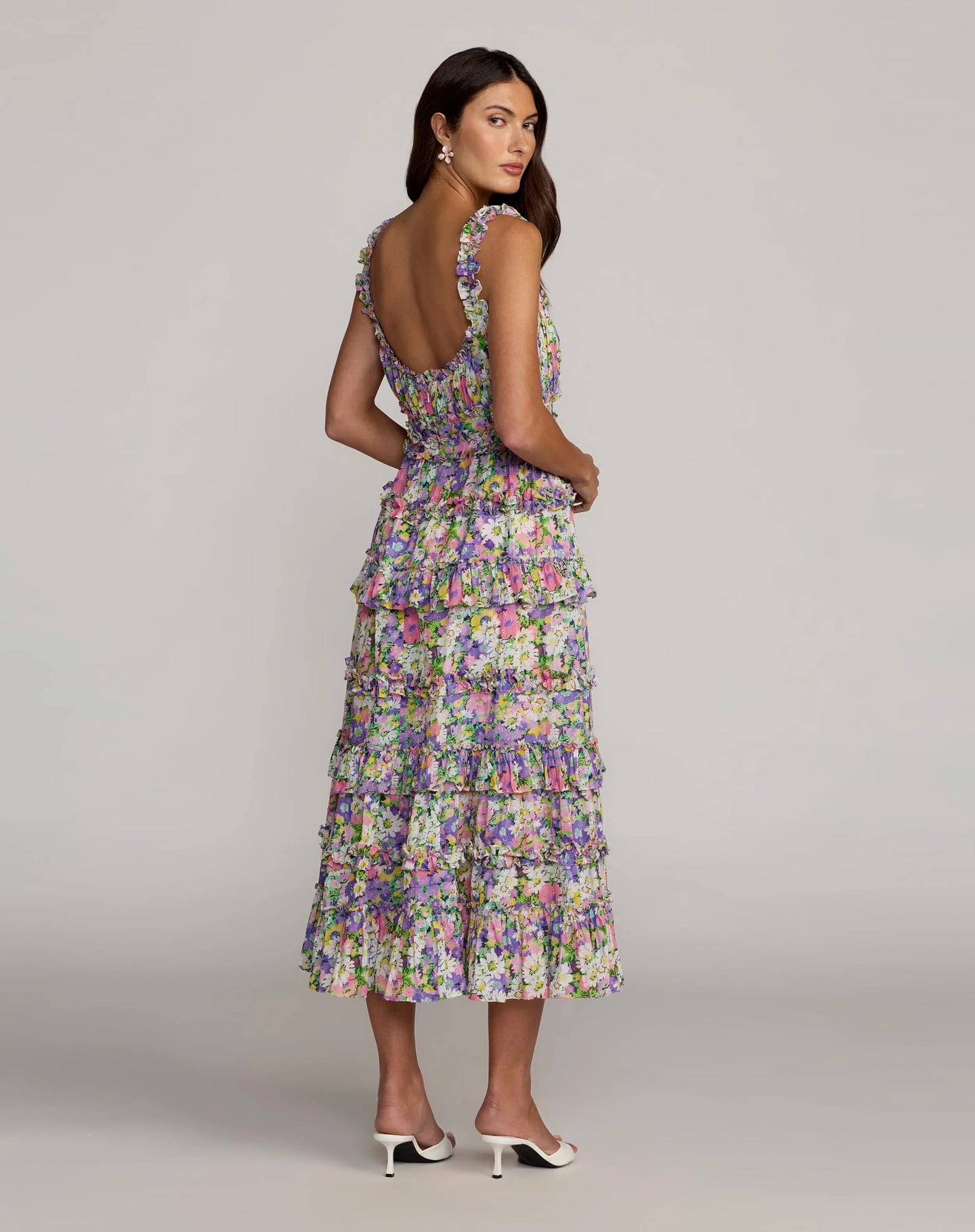Multicolor Floral Ruffle A-Line Cotton Midi Dress Mac Duggal