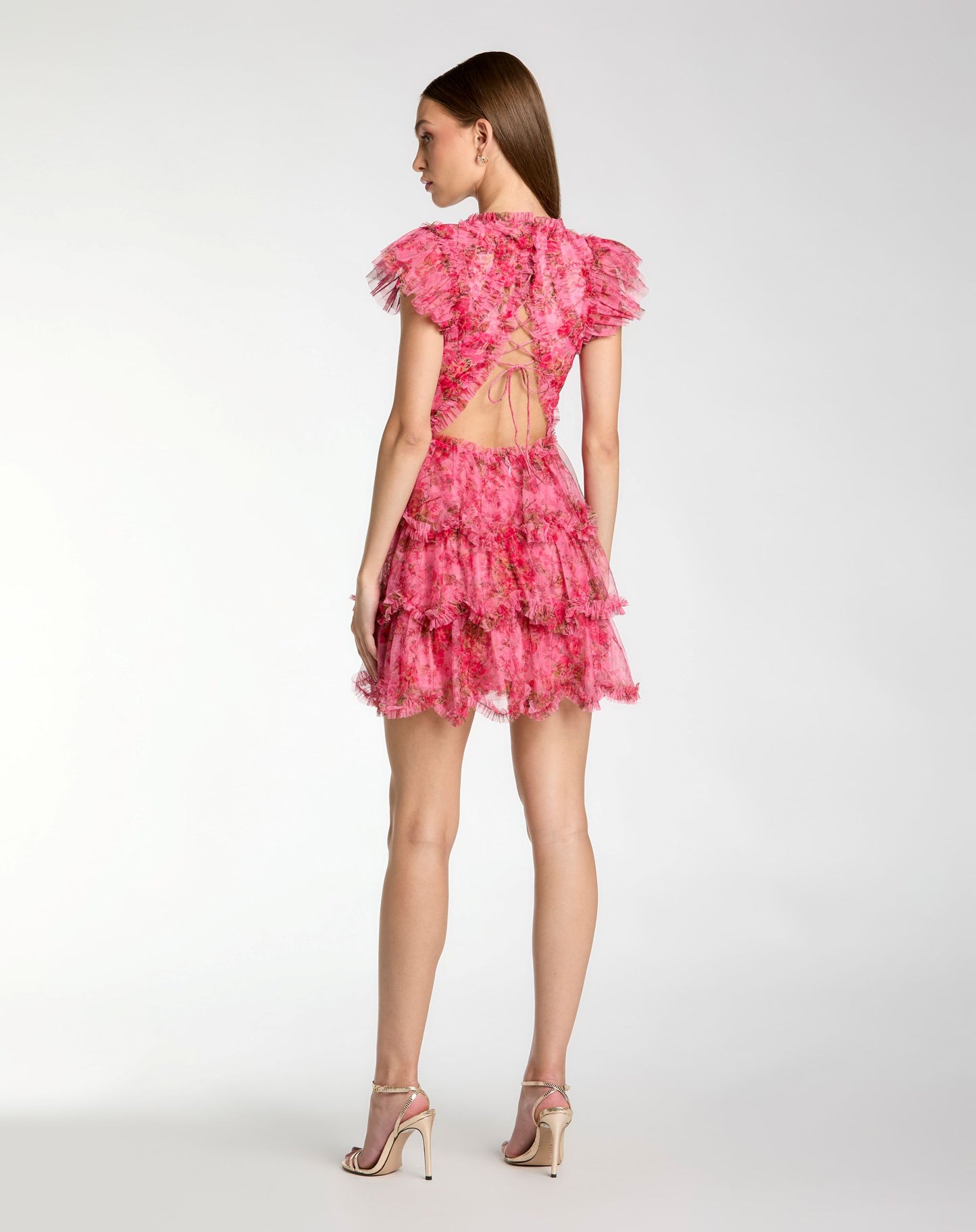 Pink Floral High Neck Cap Sleeve Ruffle Mini Dress - Mac Duggal