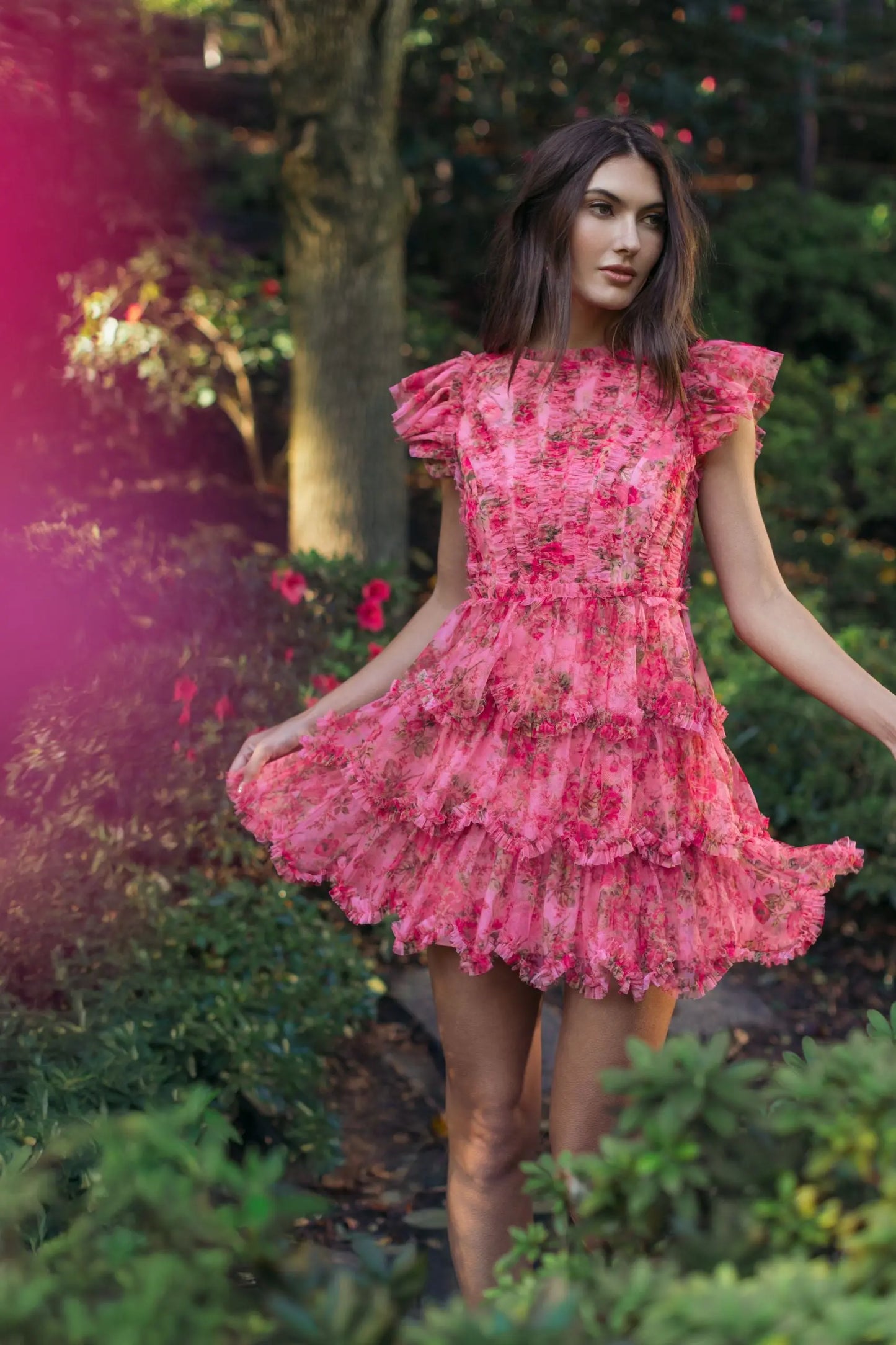Pink Floral High Neck Cap Sleeve Ruffle Mini Dress - Mac Duggal