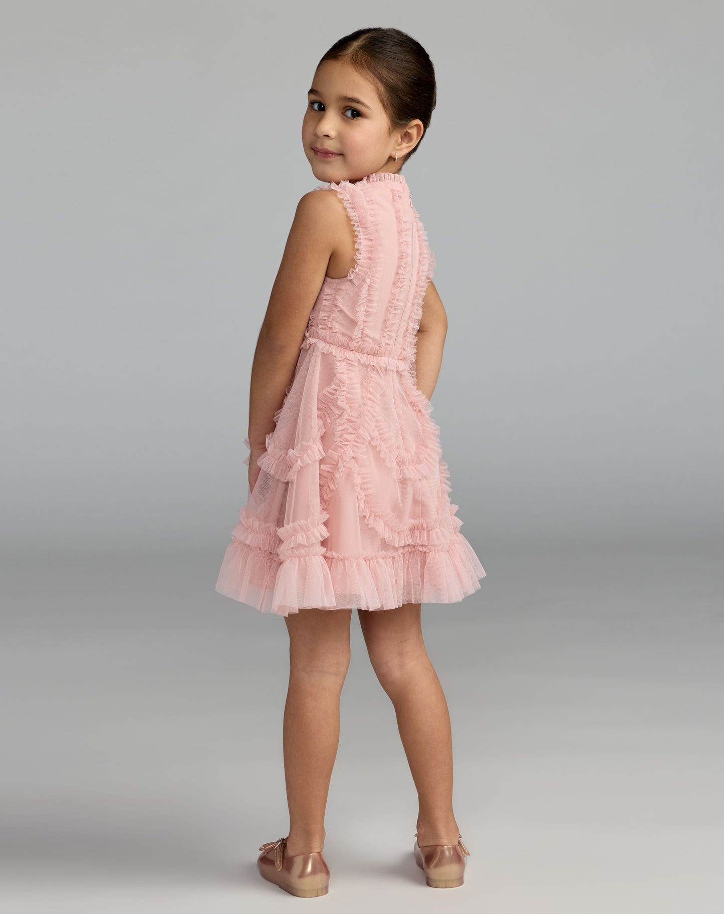 Girls Pink High Neck Sleeveless Micro Ruffle Mini Dress - Mac Duggal