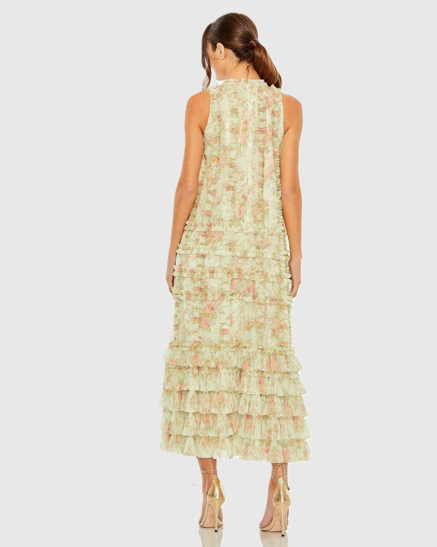 Green Tiered Ruffle Sleeveless Midi Dress Mac Duggal