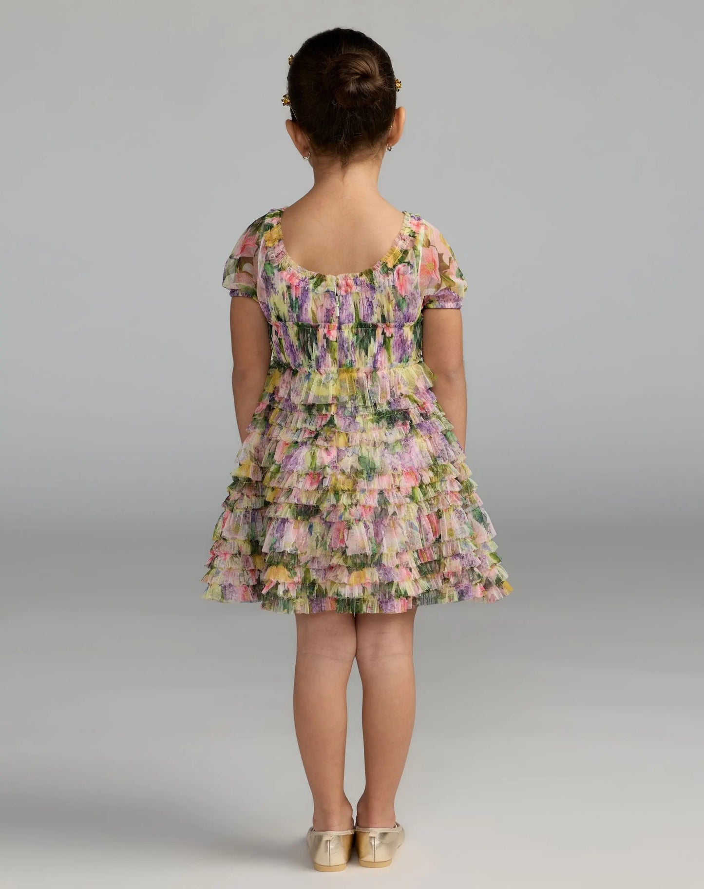 Girls Multicolor Floral Scoop Neck Ruffle Dress- Mac Duggal