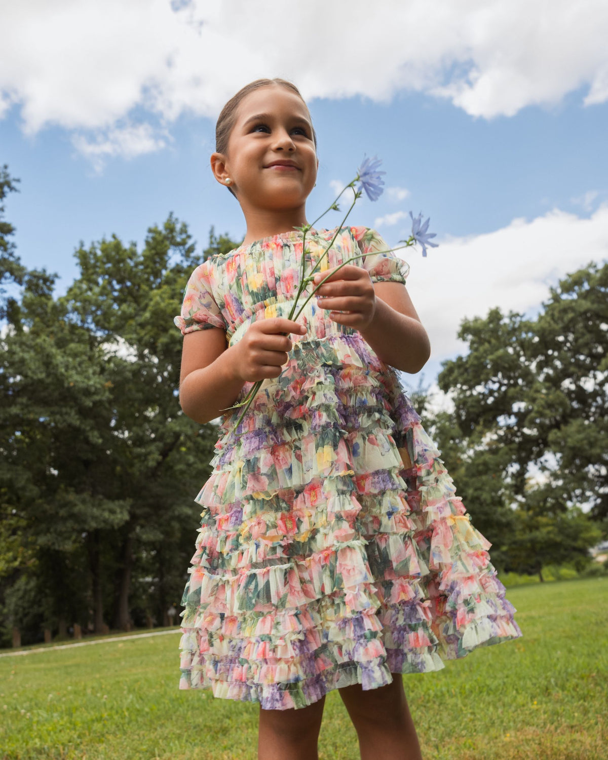 Girls Multicolor Floral Scoop Neck Ruffle Dress- Mac Duggal