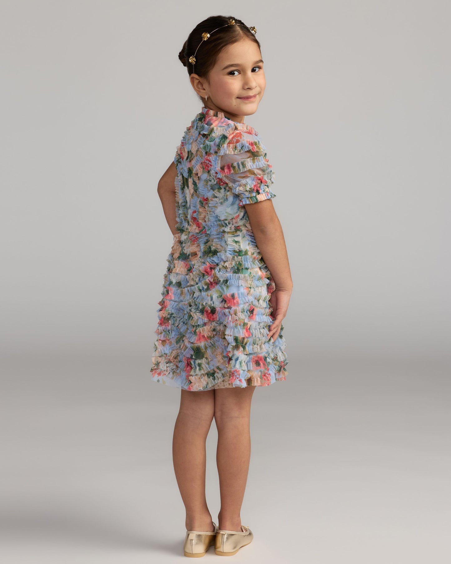 Girls Blue Floral Ruffle Puff Sleeve Mini Dress Mac Duggal