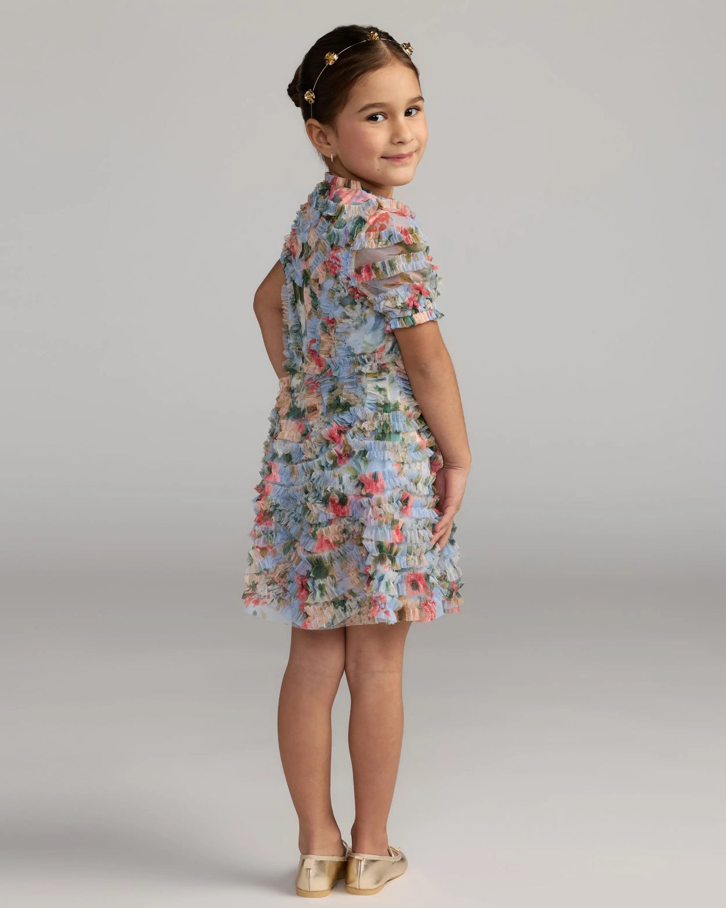 Girls Blue Floral Ruffle Puff Sleeve Mini Dress Mac Duggal