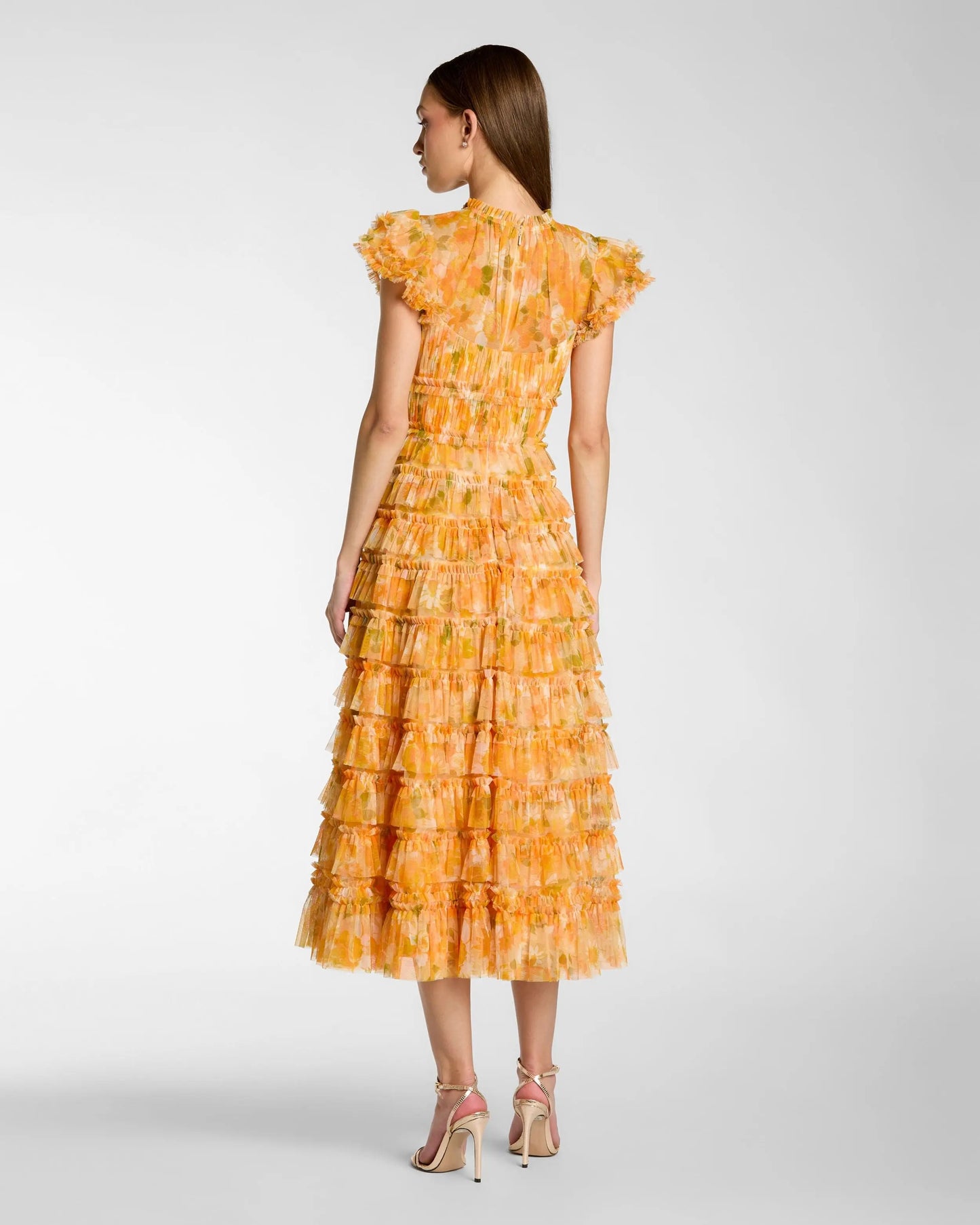 Yellow Floral High Neck Flutter Sleeve Midi Dress Mac Duggal