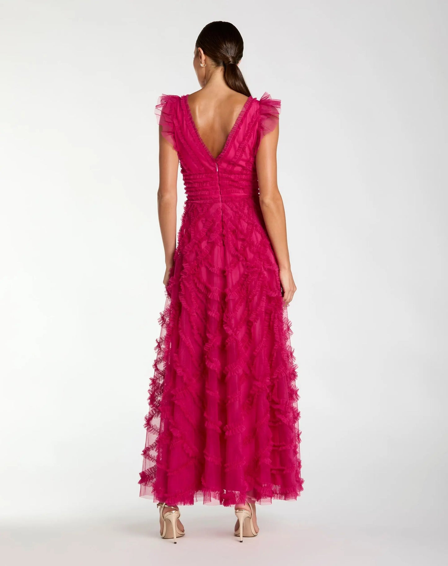 Pink V-Neck Cap Sleeve Ruffle Maxi Dress - Mac Duggal