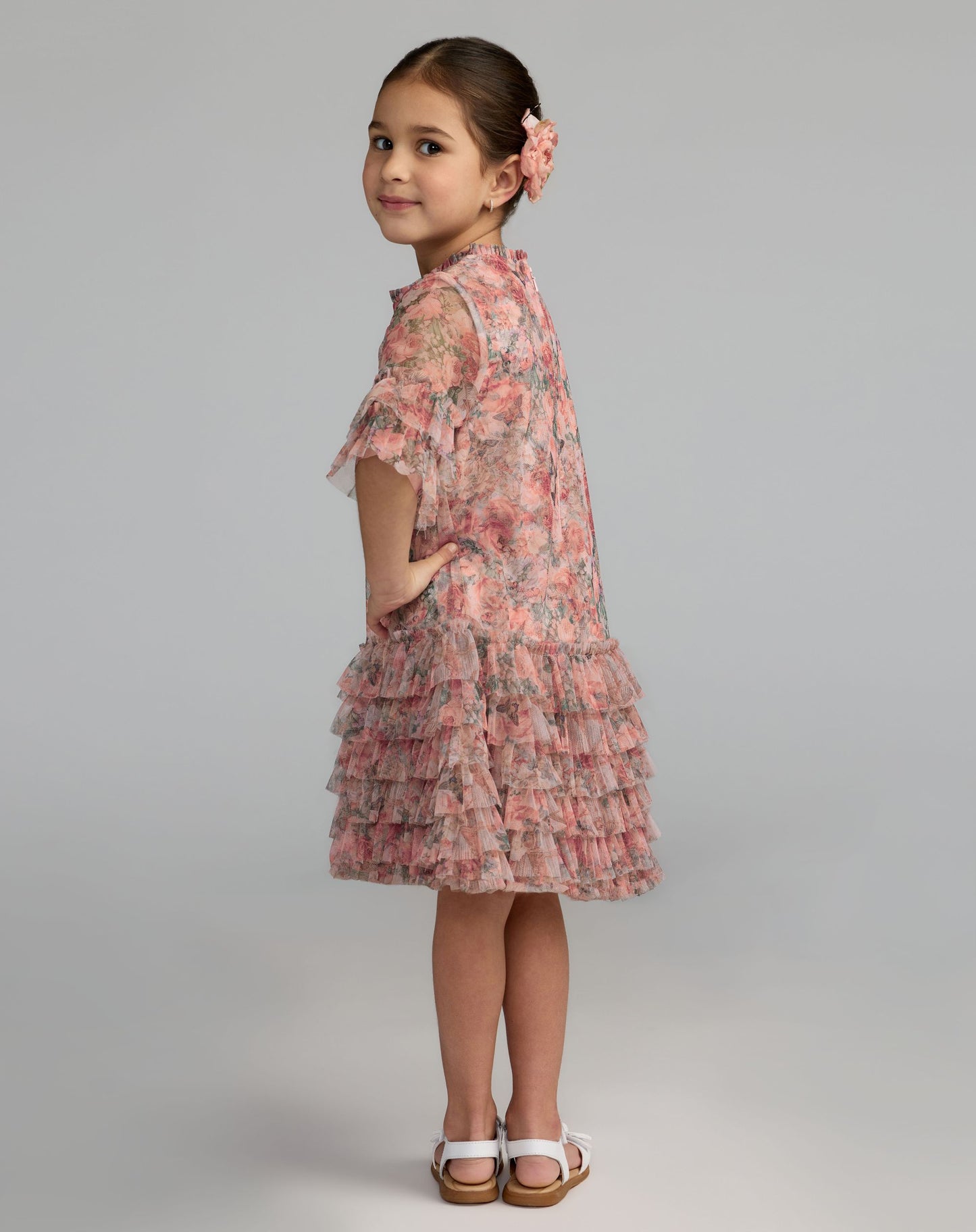 Girls Pink Floral Printed Short Sleeve Ruffle Dress - Mac Duggal