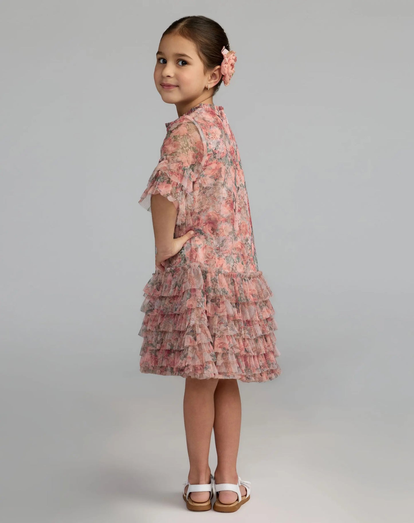 Girls Pink Floral Printed Short Sleeve Ruffle Dress - Mac Duggal