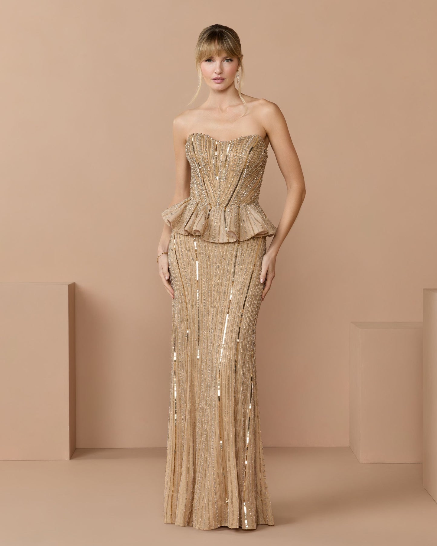 Gold Strapless Embellished Peplum Gown - Mac Duggal