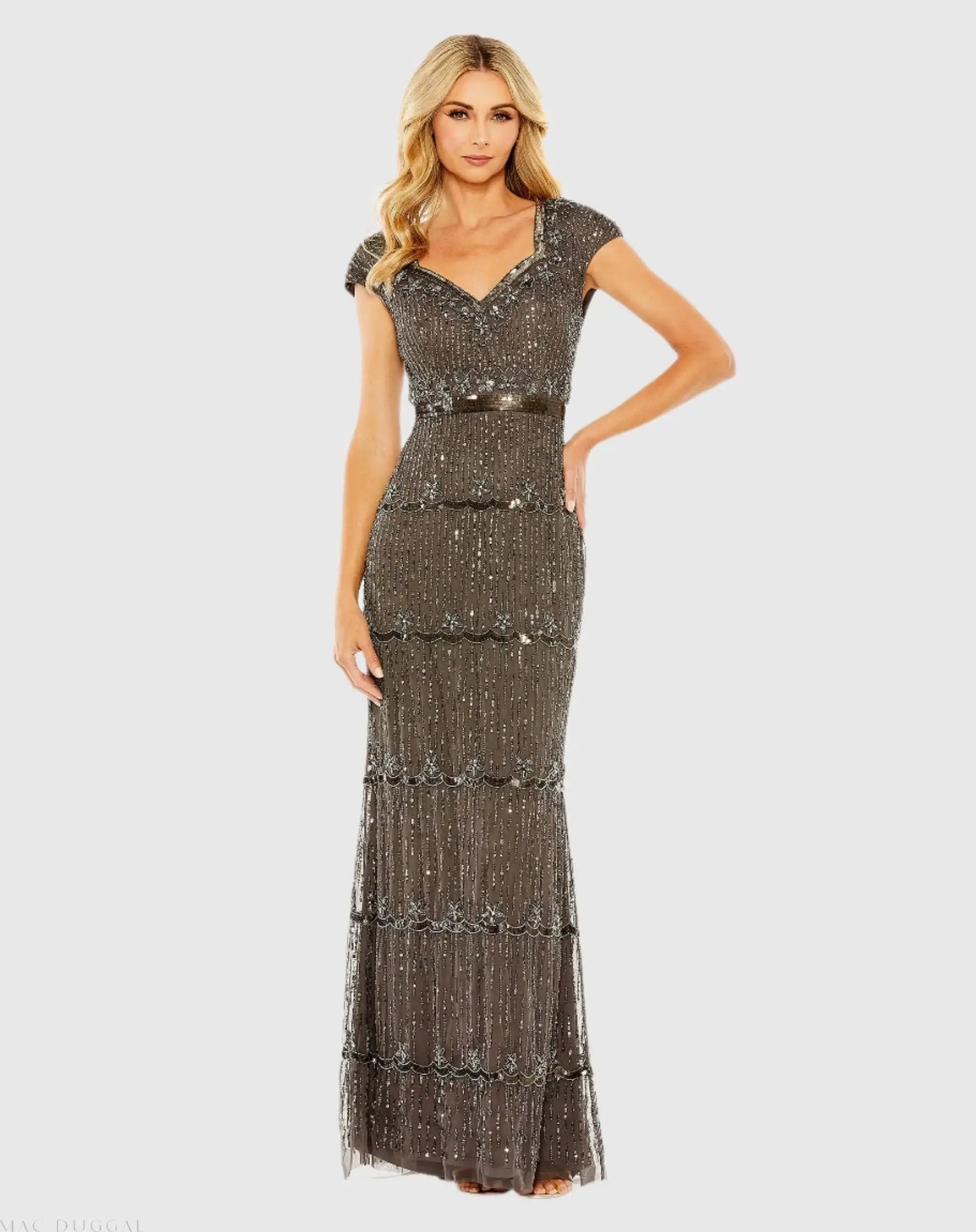 Brown Cap Sleeve Sweetheart Neckline Beaded Sequin Column Gown - Mac Duggal