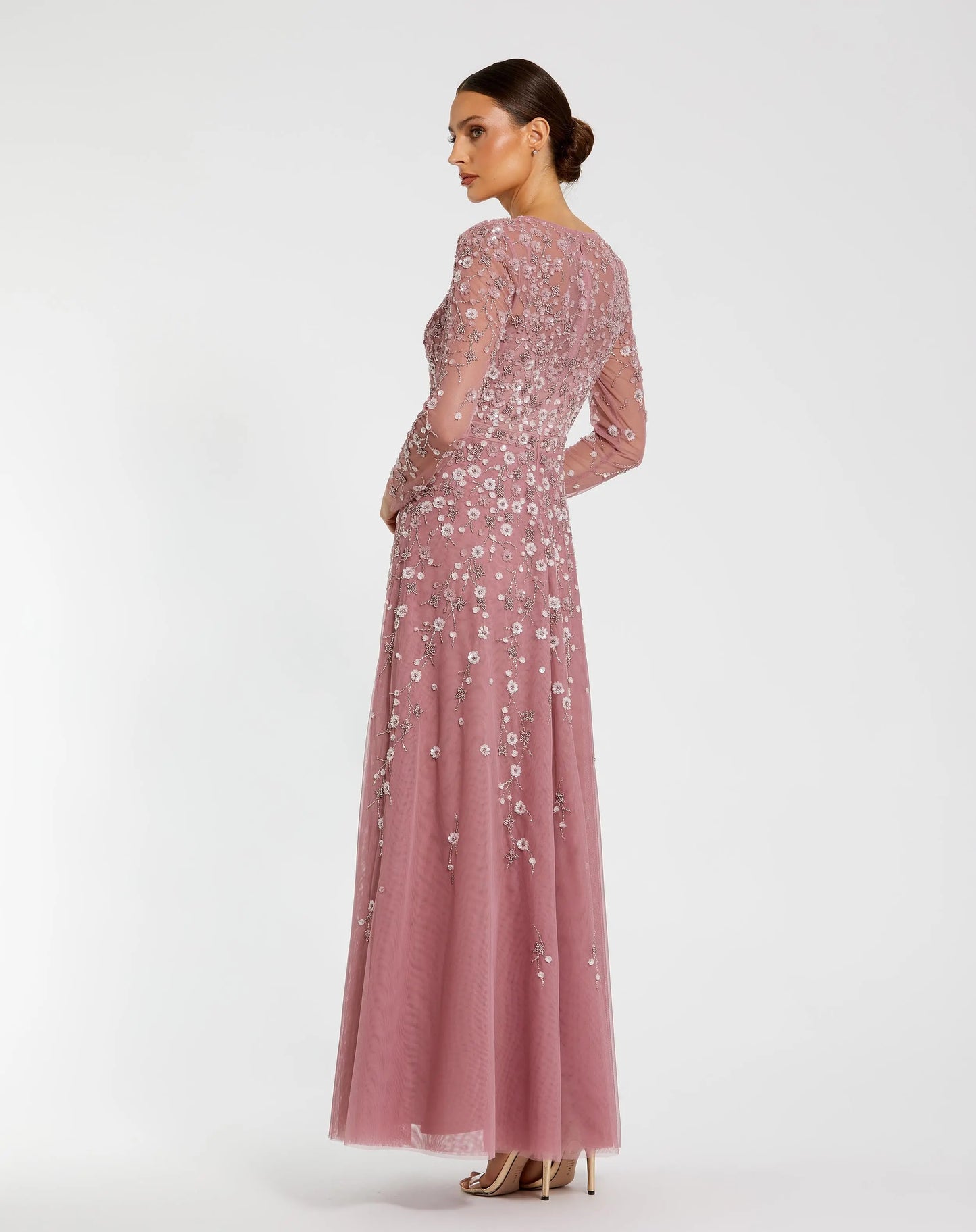 Purple Embellished Wrap Over Illusion Long Sleeve A Line Gown Mac Duggal