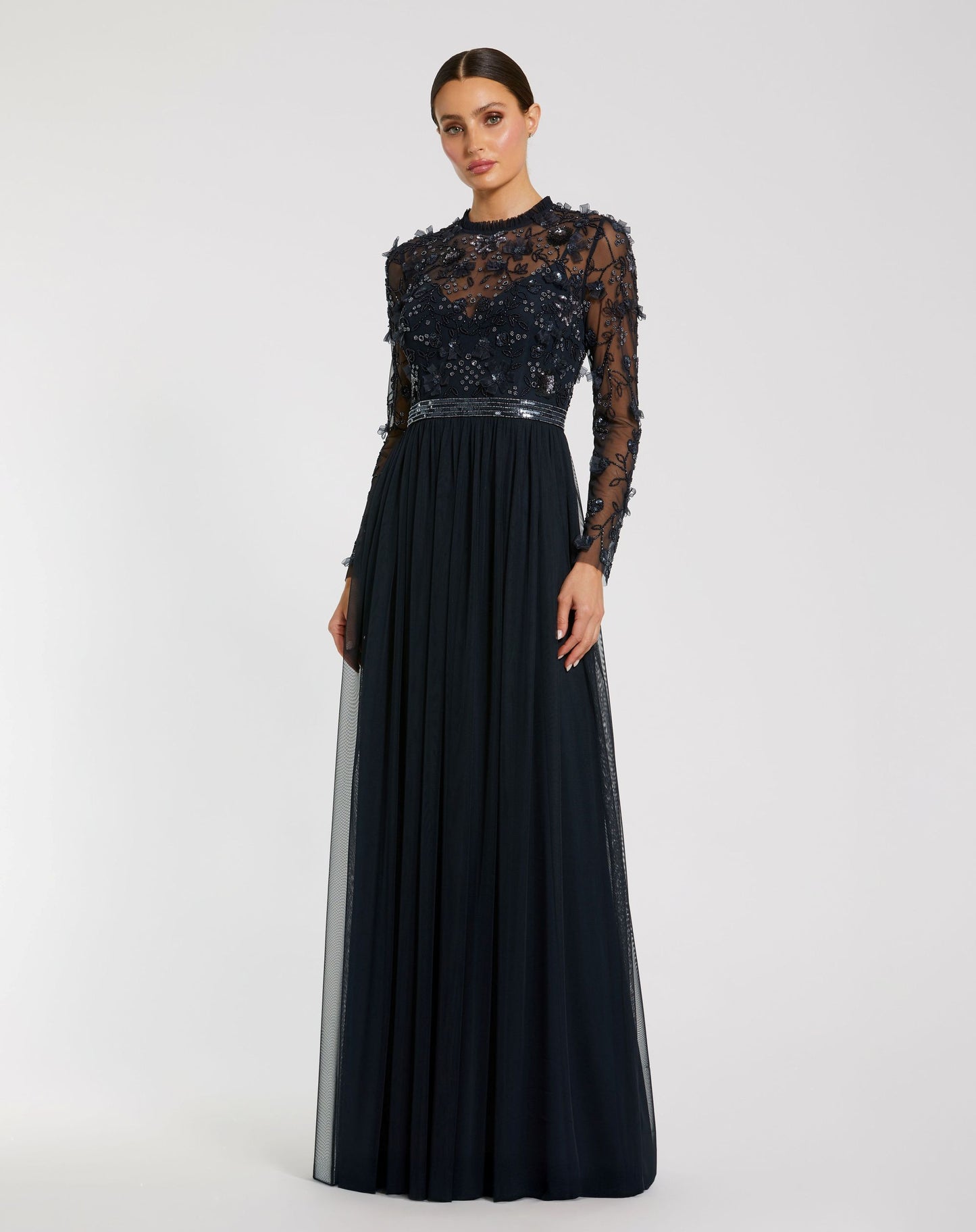 Navy Embellished Illusion High Neck Long Sleeve Gown - Mac Duggal