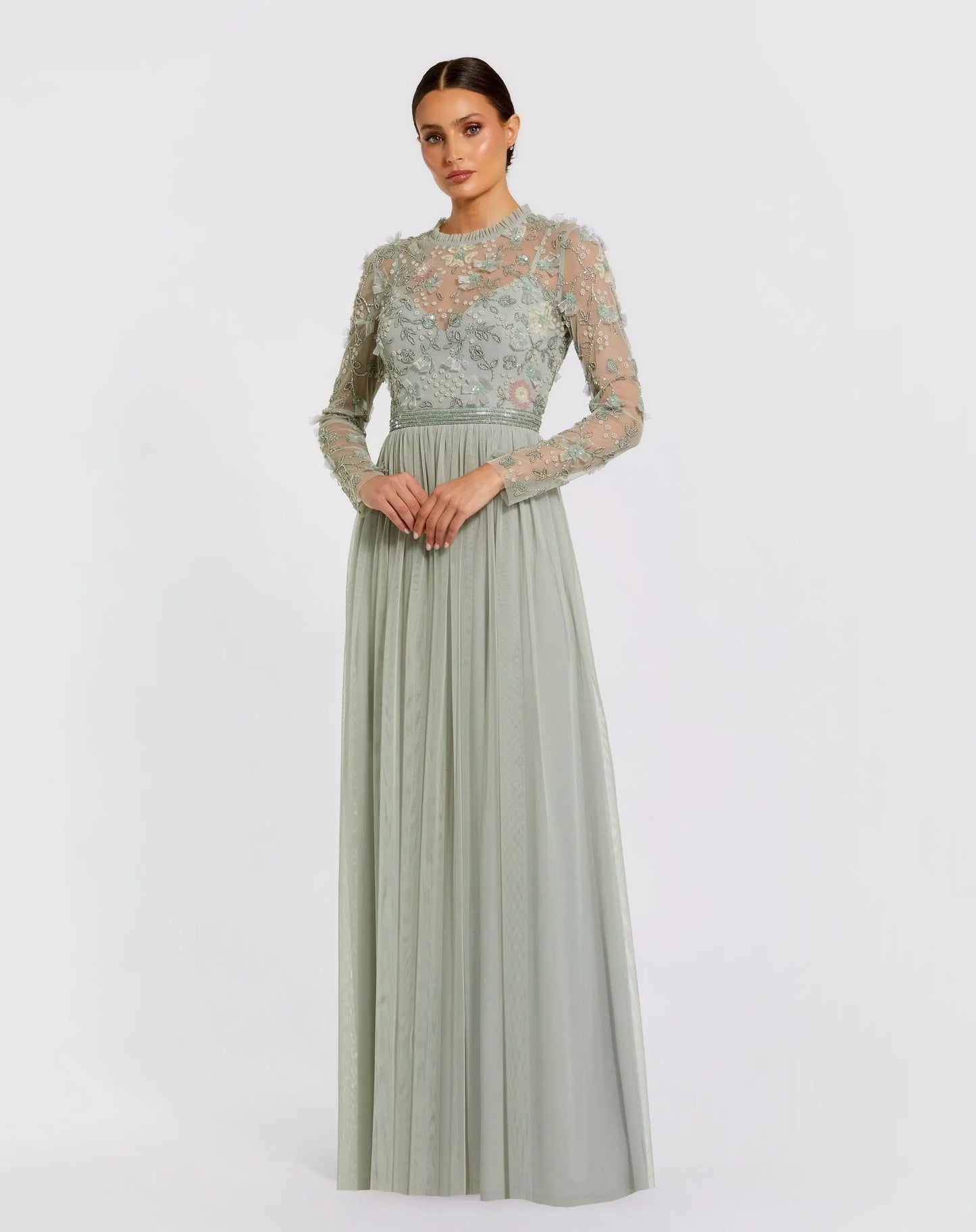 Green Embellished Illusion High Neck Long Sleeve Gown Mac Duggal