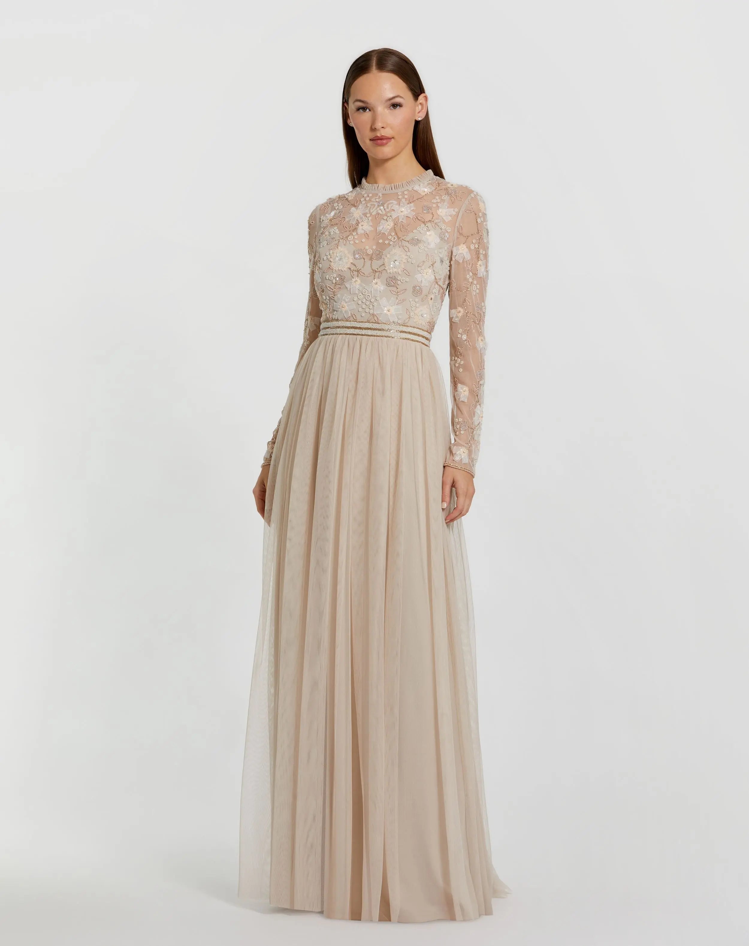 Beige Embellished Illusion High Neck Long Sleeve Gown | Mac Duggal Beige Embellished Illusion High Neck Long Sleeve Gown | Mac Duggal