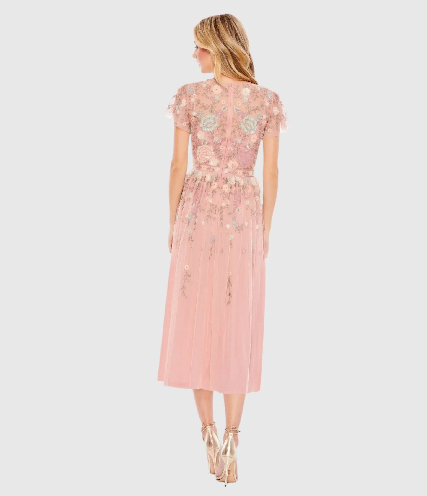 Pink Embellished Illusion High Neck Butterfly Sleeve Midi Dress - Mac Duggal