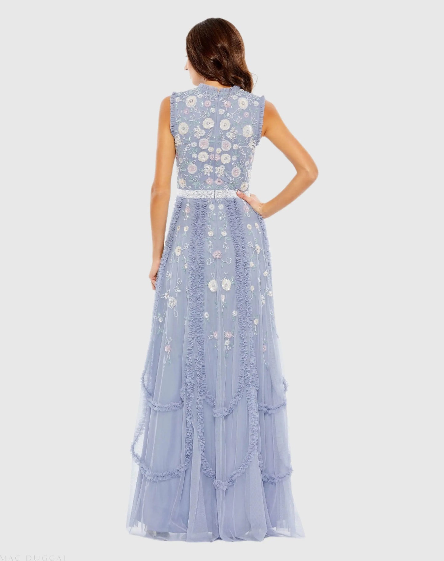 Blue Embroidered High Neck Sleeveless Ruffled Gown - Mac Duggal